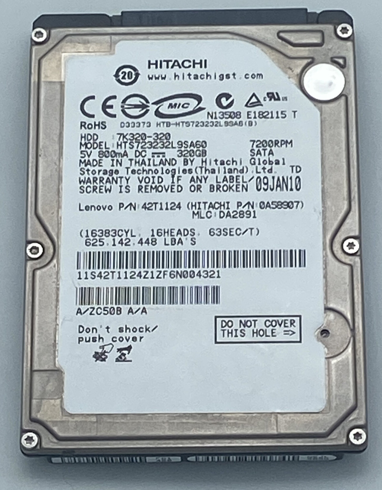 Hitachi HTS723232L9SA60 320Gb MLC-DA2891 09JAN10 PN-42T1124 Tested HDD 