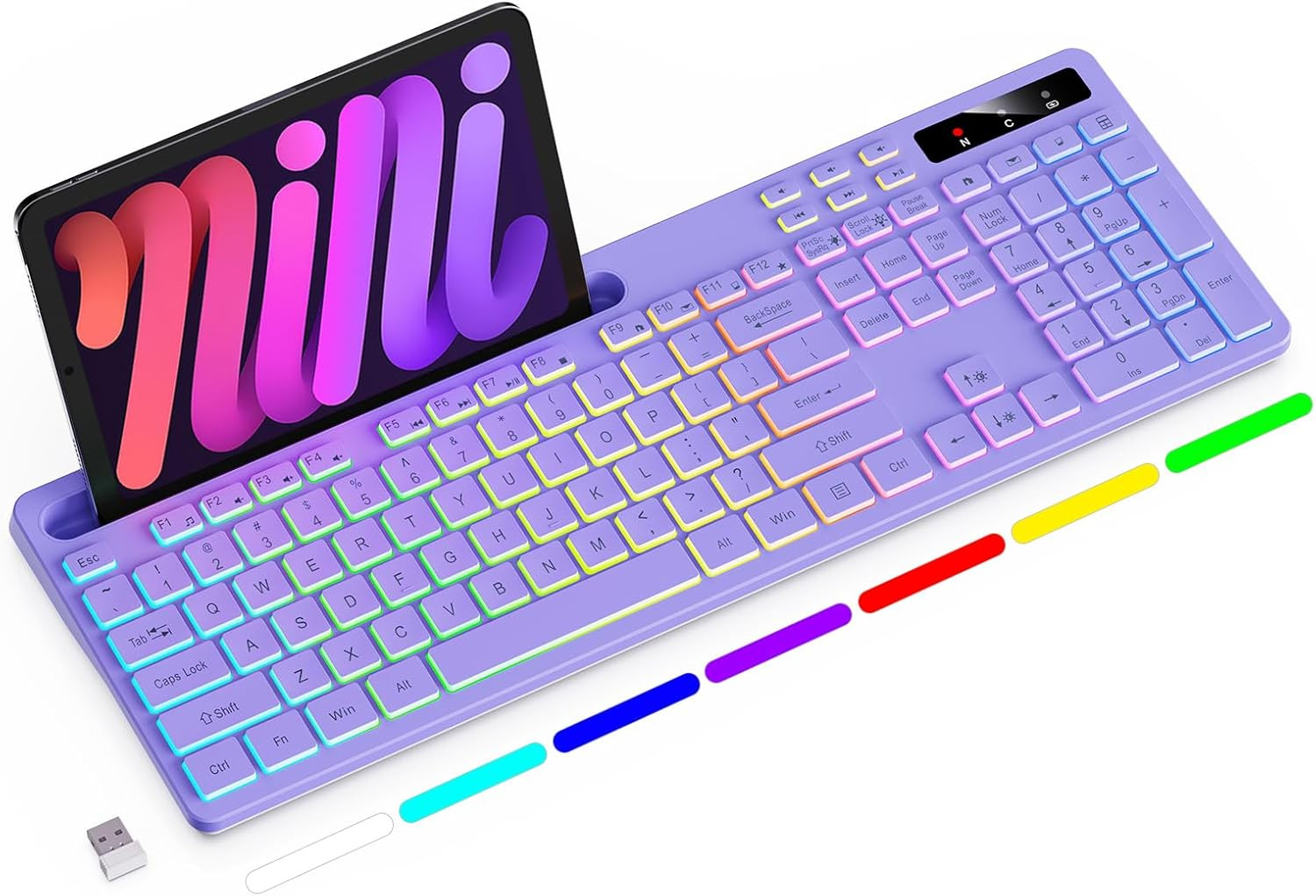 Wireless Keyboard with 7-Color RGB Backlit, Full-Size Computer Keyboard with Pho