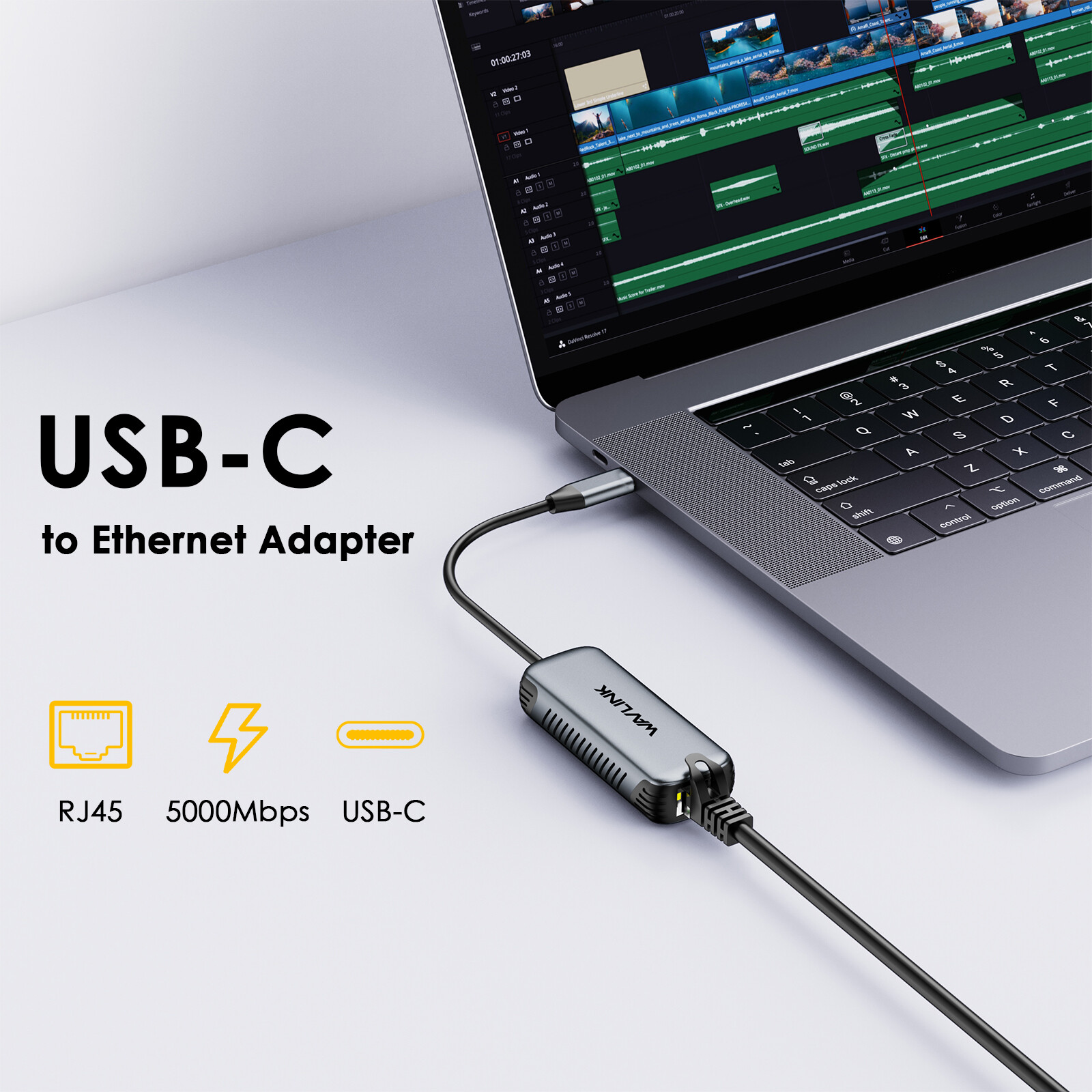 5Gbps USB-C Ethernet Adapter 95W Charging Driver-Free Multi-OS Aluminum