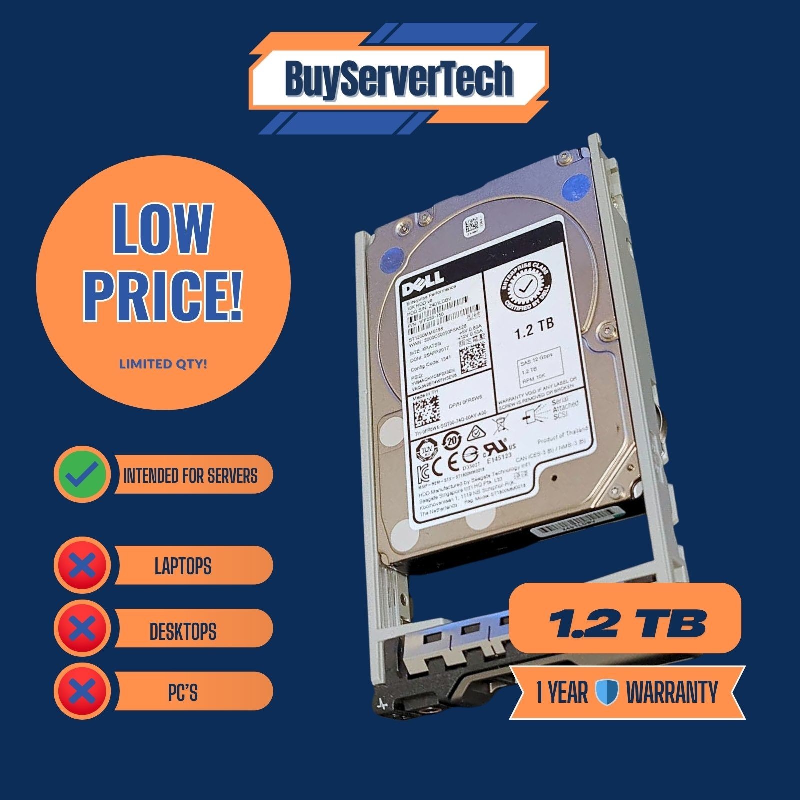 Dell FR6W6 ST1200MM0198 1.2TB 10K RPM 12Gb/s 2.5" SAS SERVER Hard Drive R Tray