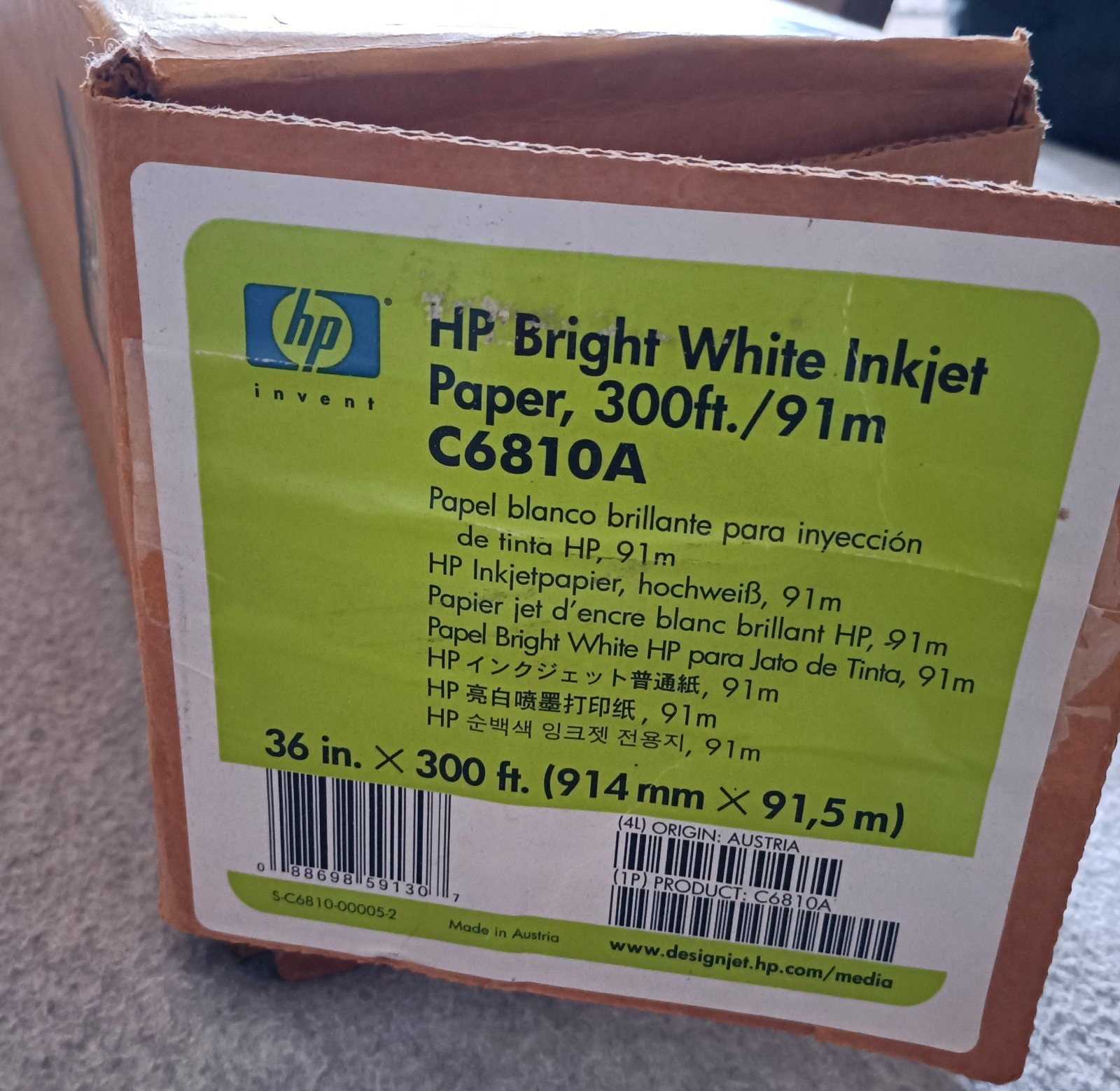 HP C6810A Bright White Matte Inkjet Paper Roll – 36" x 300' – New Open Box