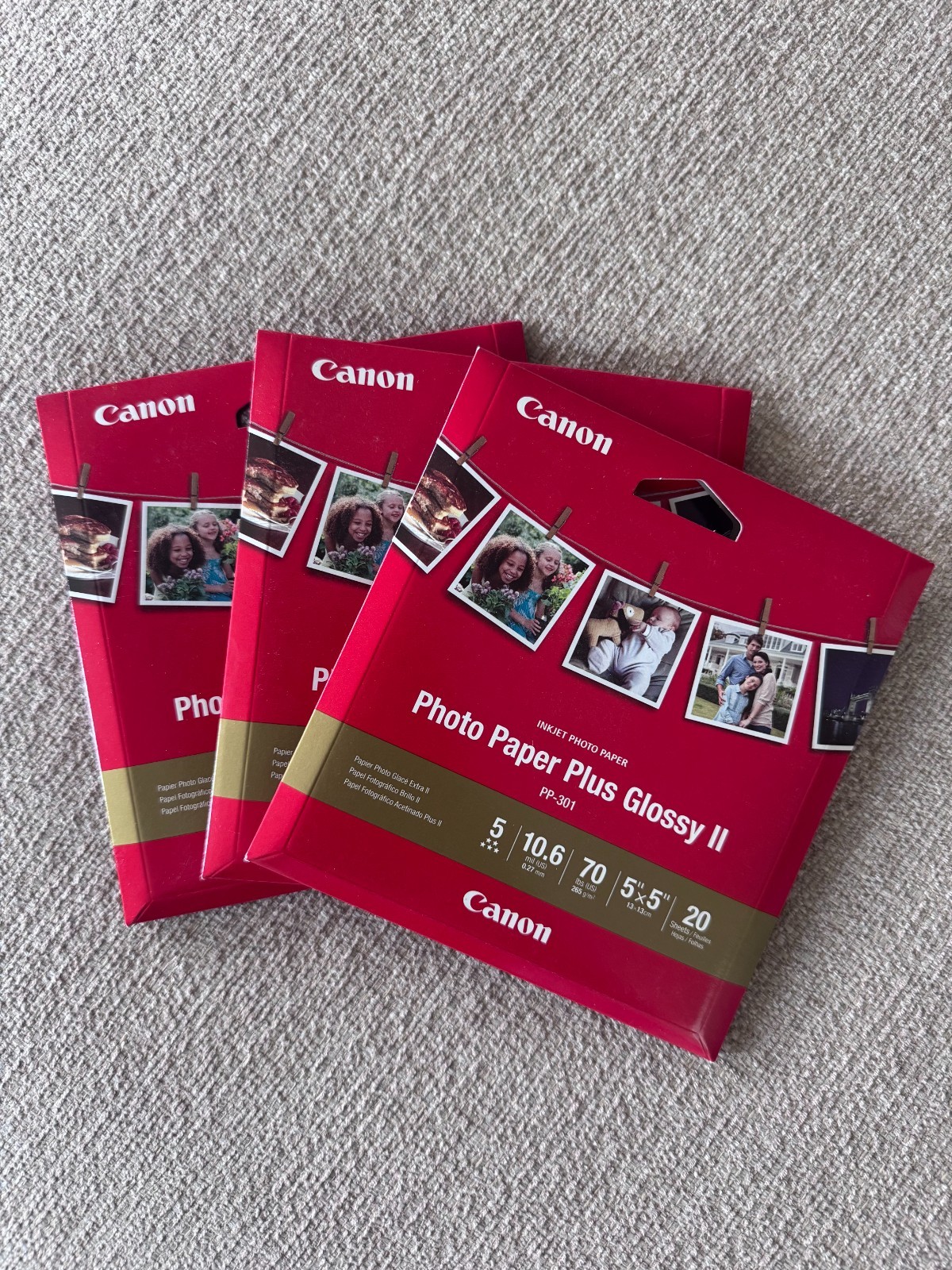 Canon PP-301 Photo Paper Plus Glossy II 5×5 in 20 sheets (Qty. 3) 10.6 Mil 70lbs
