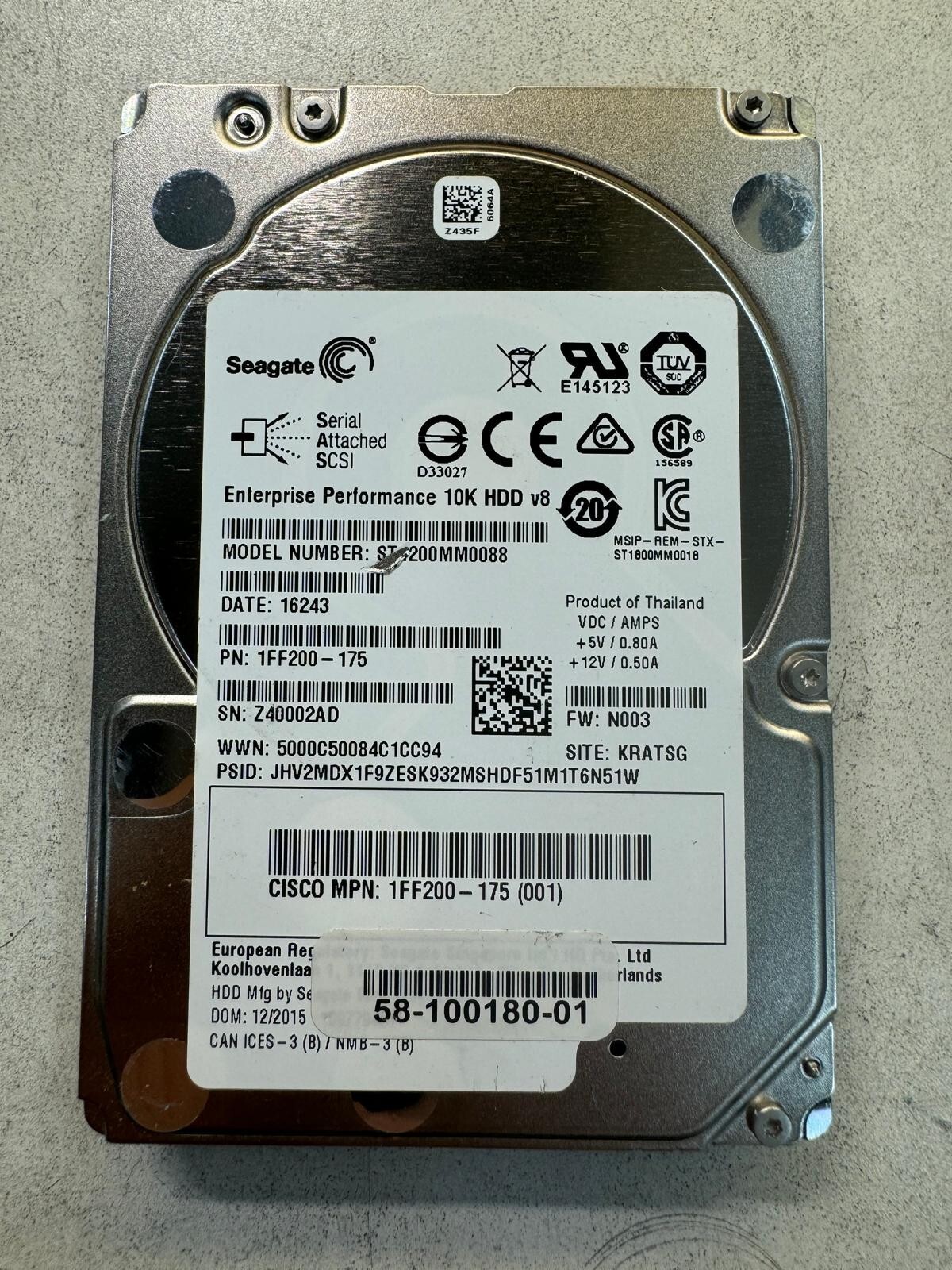 CISCO 58-100180-01 ST1200MM0088 1FF200-175 1.2TB 10K RPM Cache 6 Gbps SAS 2.5"