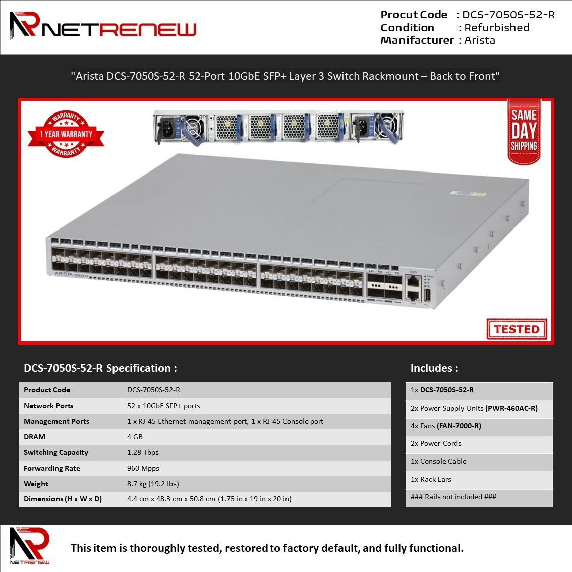 Arista DCS-7050S-52-R 52-Port 10GbE SFP+ Layer 3 + Switch