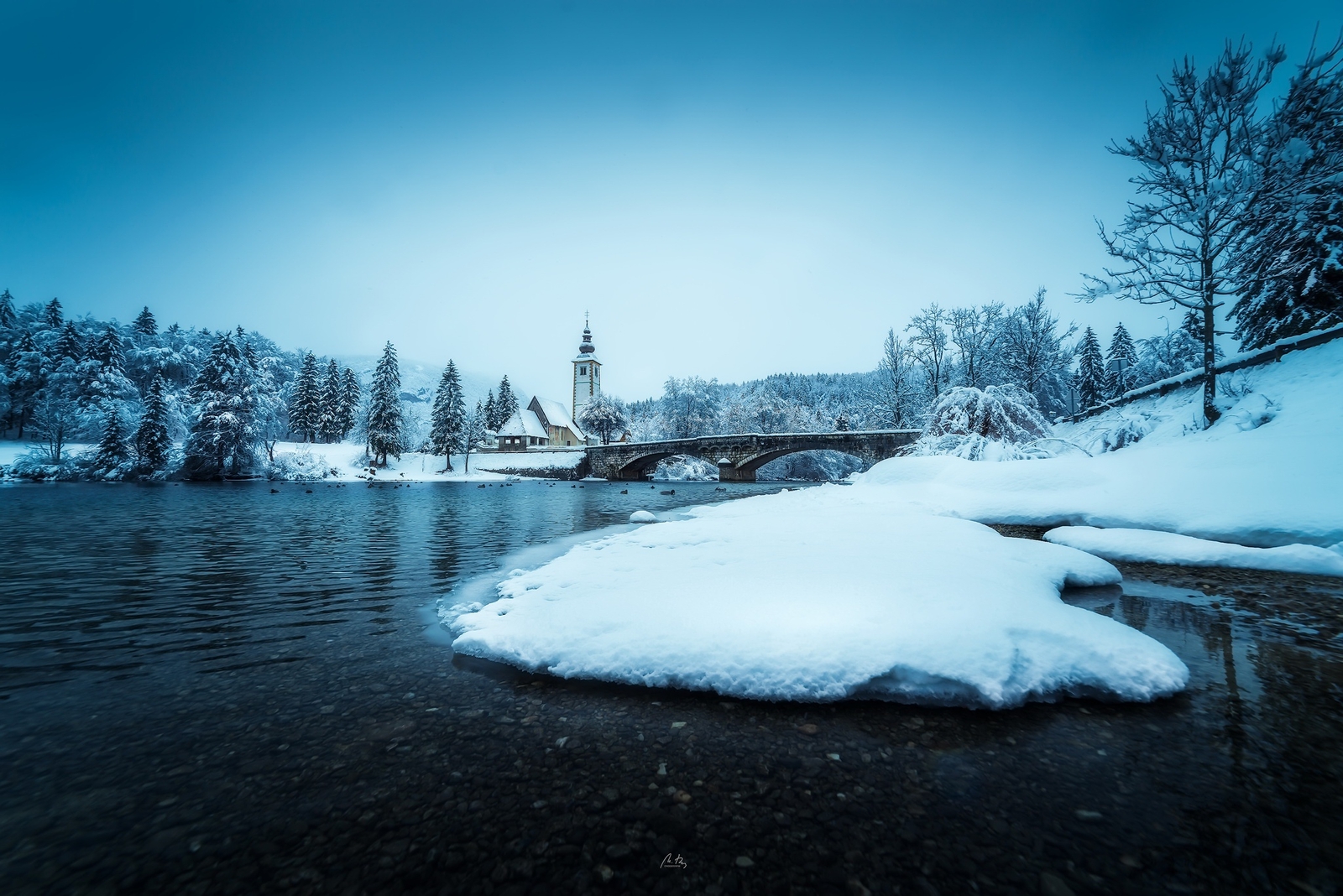 Landscape winter water bridge slovenia blue snow river Custom Gaming Mat Desk