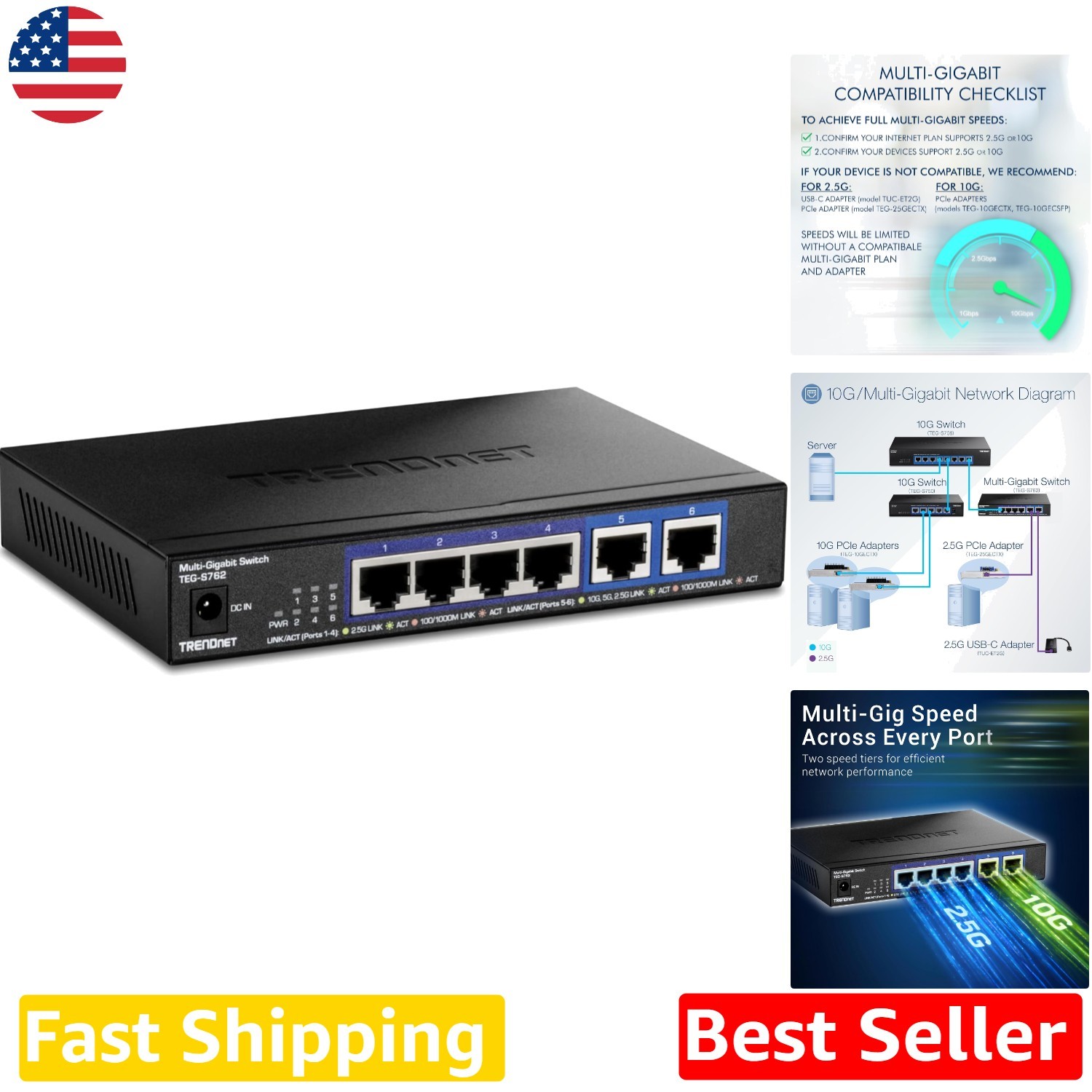 TEG-S762 6-Port 10G Ethernet Switch: 4x2.5G, 2x10G, 60Gbps, NDAA/TAA Compliant
