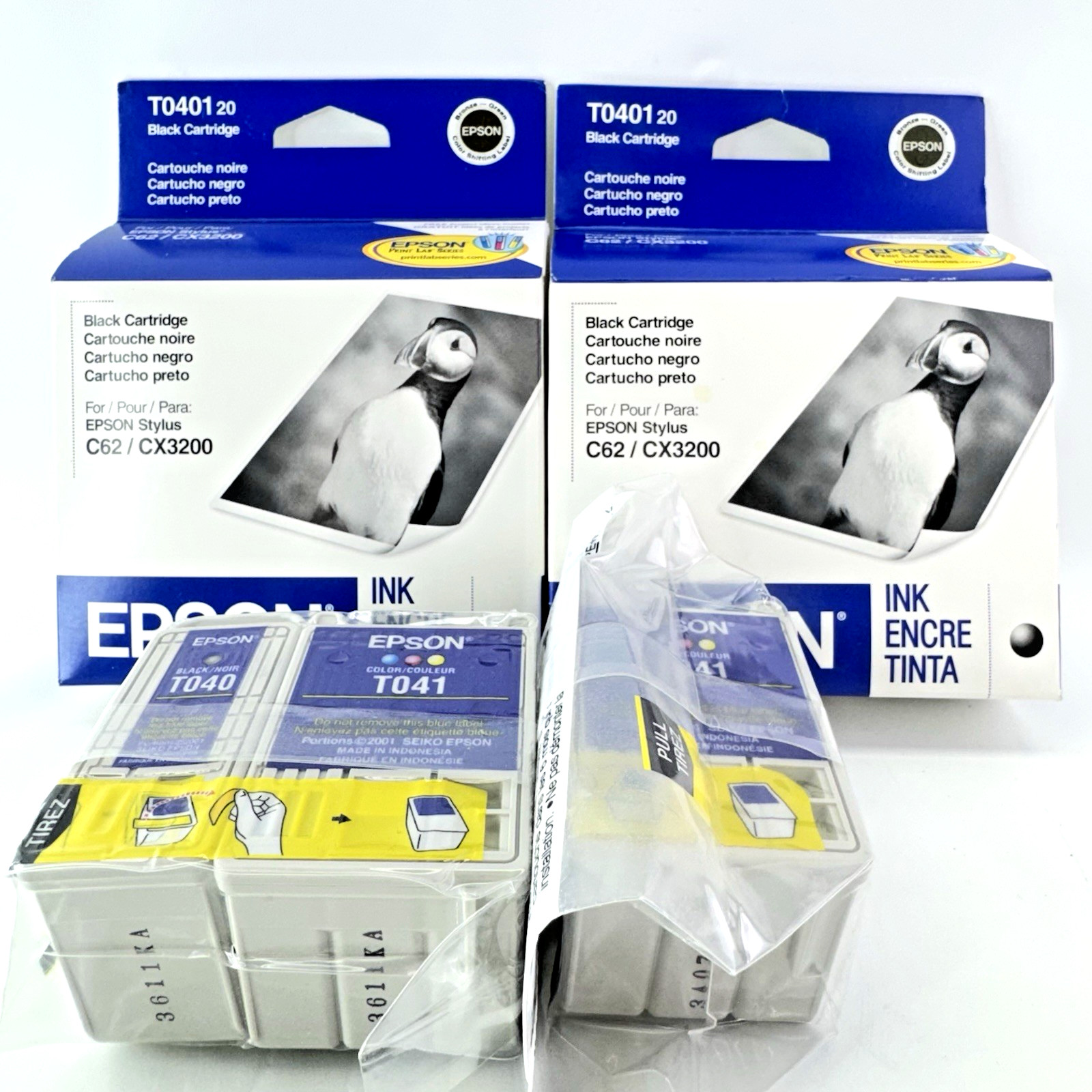 Lot of 2 Epson T040120 Black Ink Cartridges + T041 Color C62 CX3200 NOS