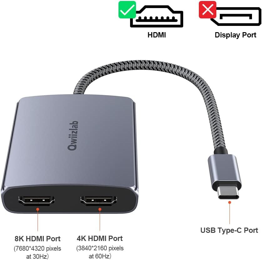 Qwiizlab AC08 USB C to Dual HDMI Adapter for Windows & Mac