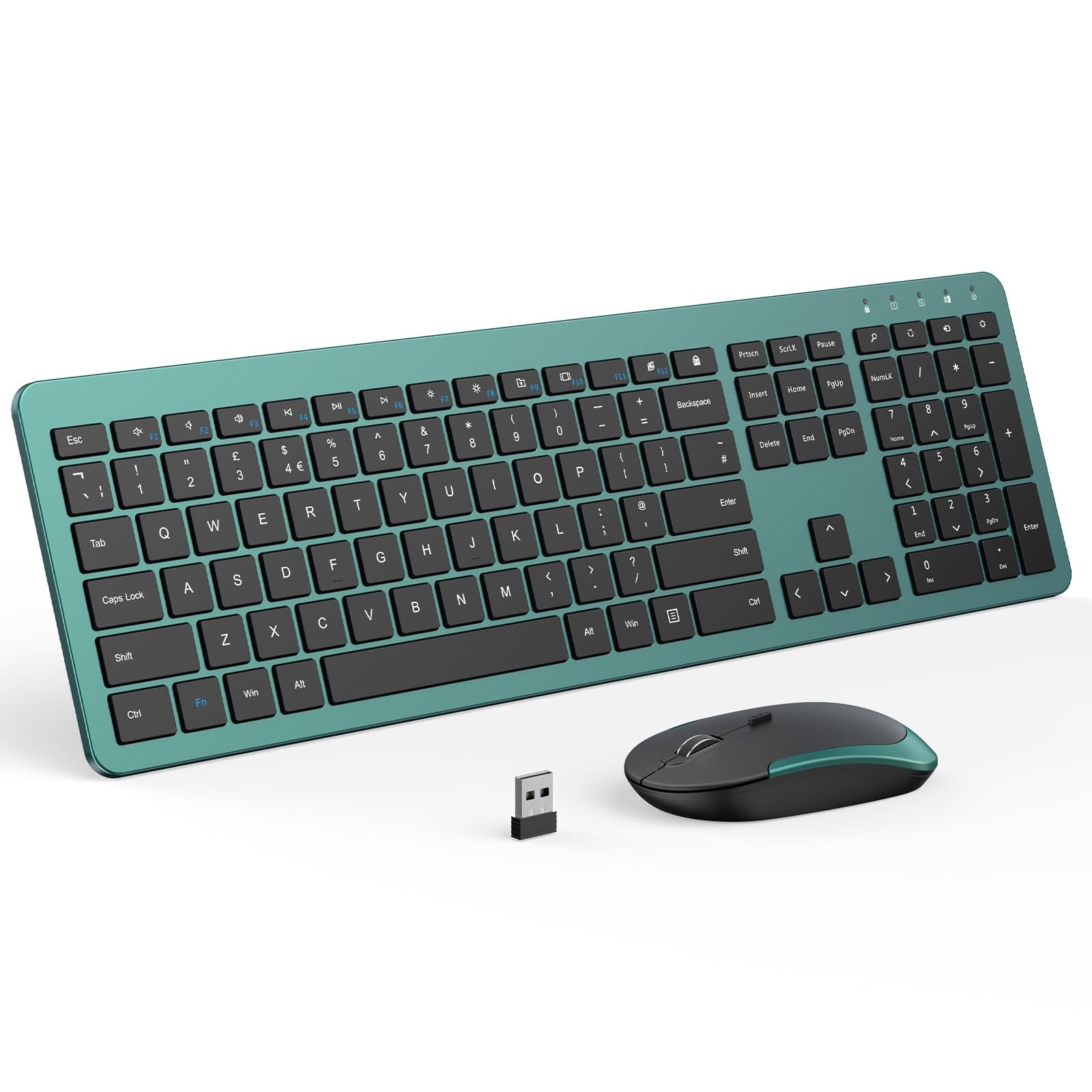 Green Wireless Keyboard Mouse Combo Full Size Slim Quiet 2.4G Adjustable DPI