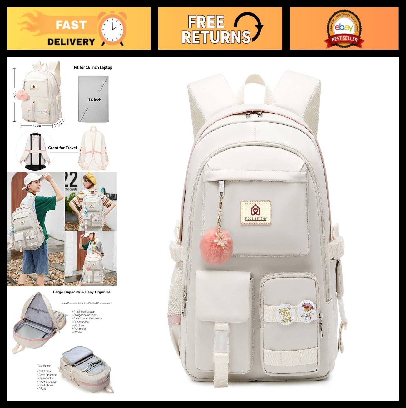 15.6" Laptop Backpack for School, Anti-Theft Travel Bag, Cute Daypack for Teens