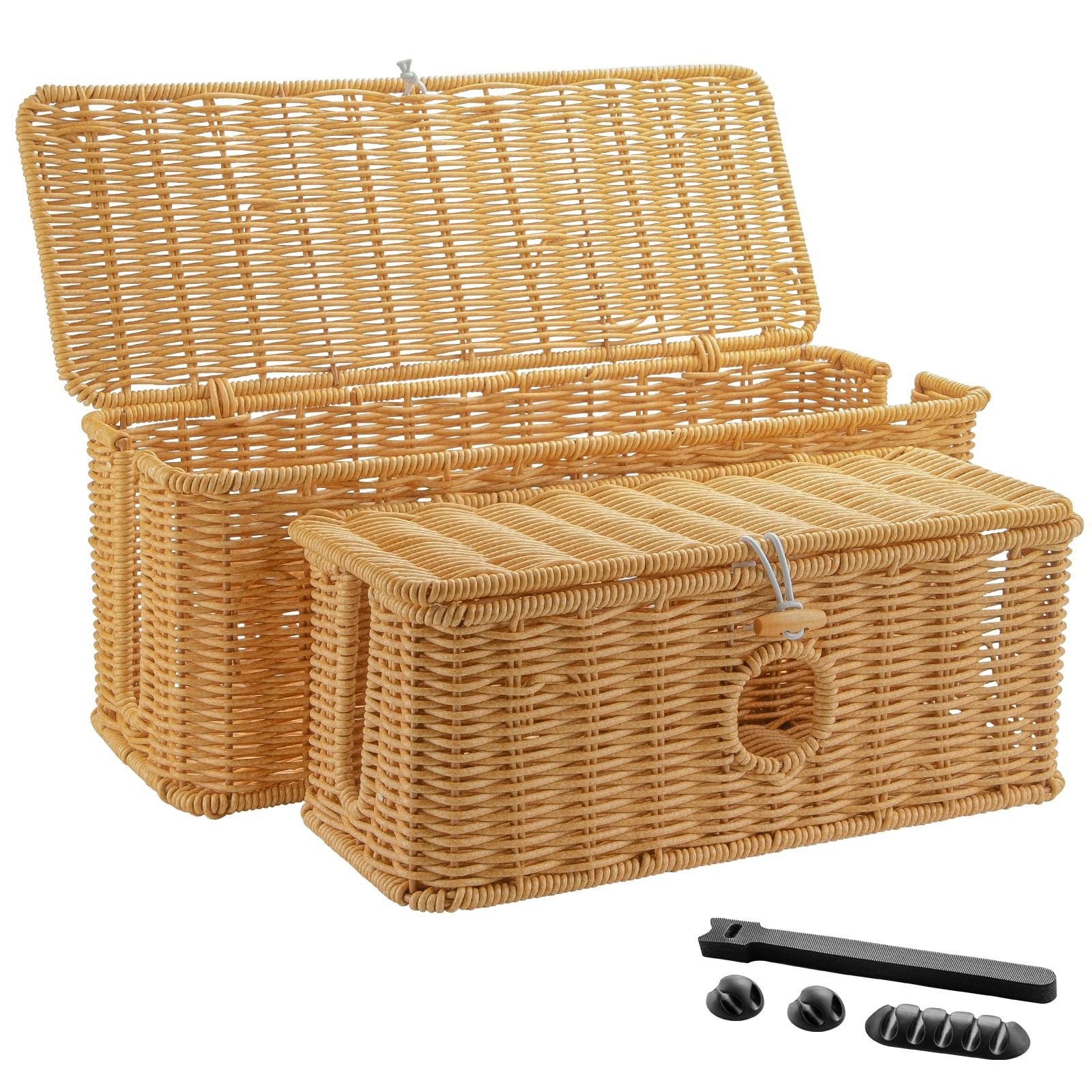 IHKFILAN 2 Pcs Handmade Cable Management Boxes Rattan Cable Organizer Large &...