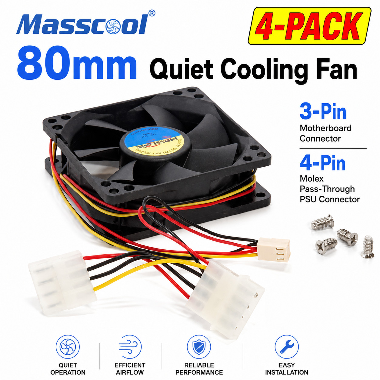Masscool 80mm Quiet Cooling Fan 3-Pin Motherboard & 4-Pin Molex PSU (4-Pack)