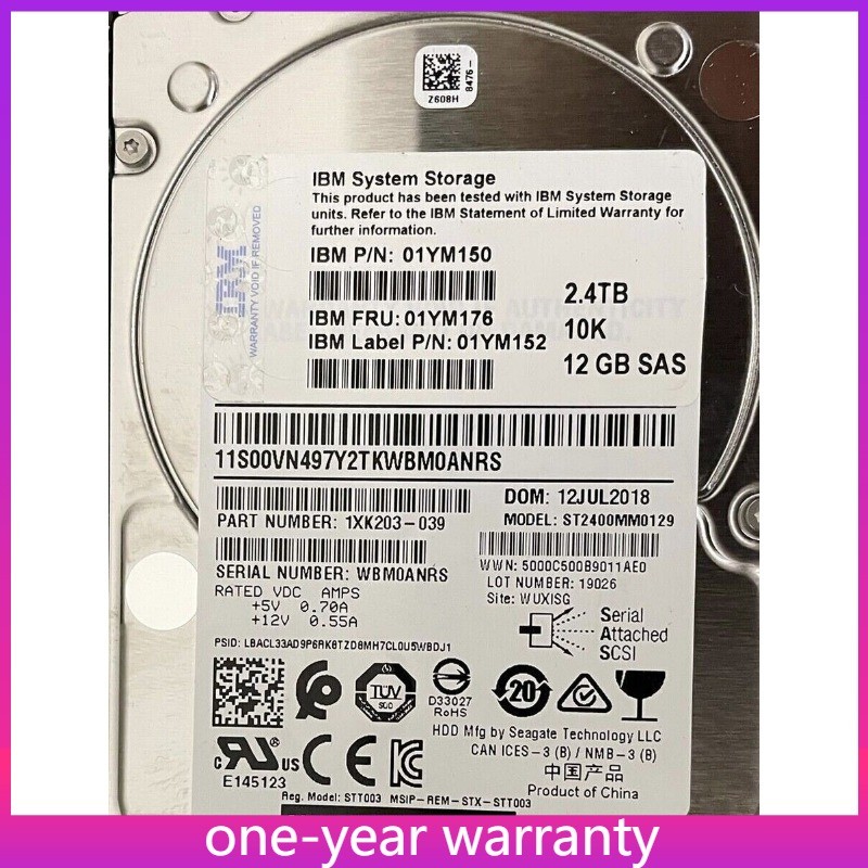 01YM176 01YM150 01YM152 2.4TB 12Gbs SAS 10K HDD IBM V7000 FS7200 Gen2 Gen3 New