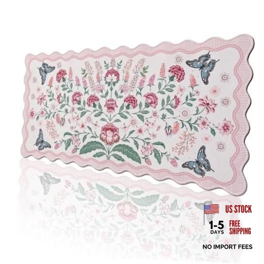 Pink Flowers Scalloped Desk Mat Butterfly Cottagecore Vintage Pink Flowers_08