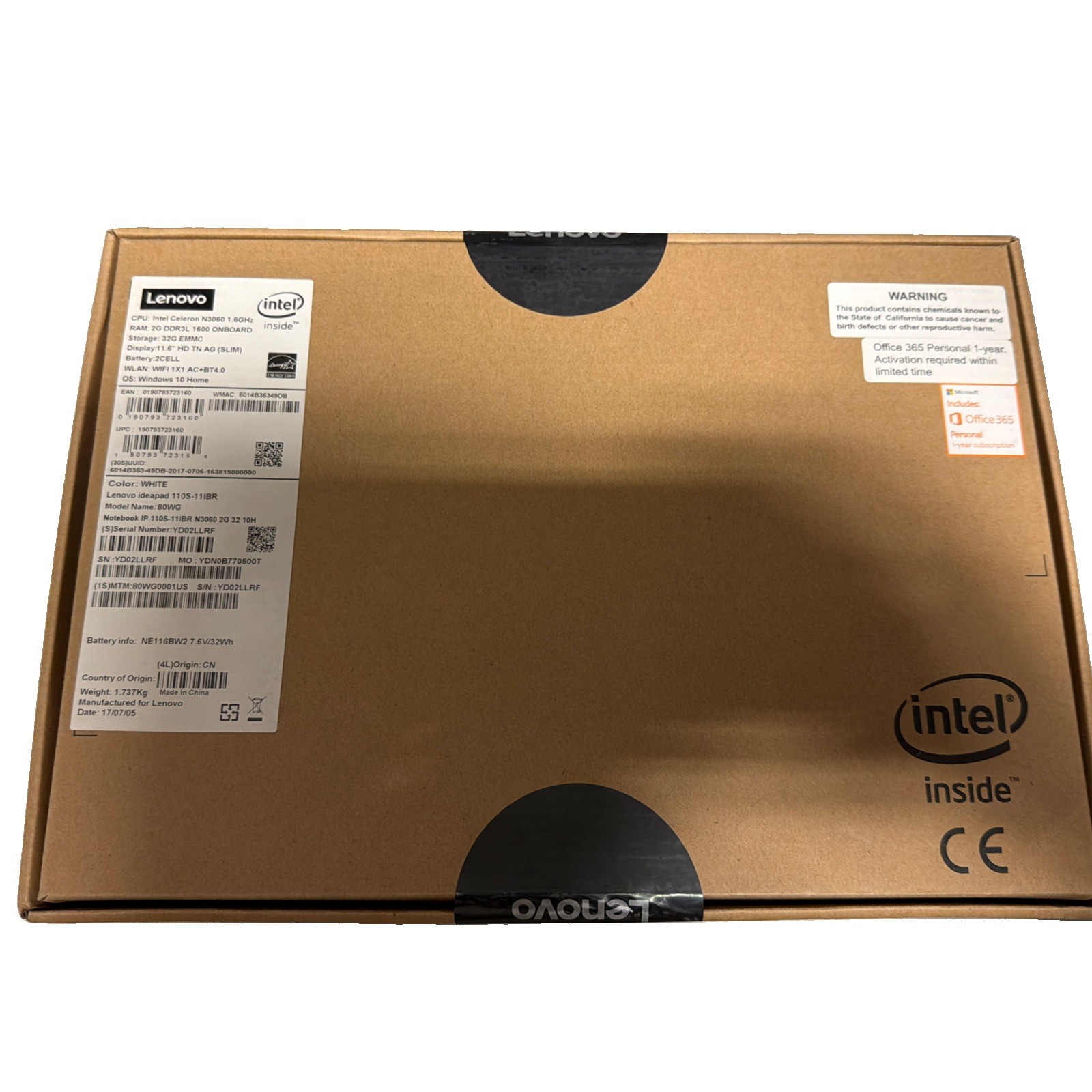 Lenovo IdeaPad 110S 11IBR 11.6 Inch Laptop White Intel N3060/2G/32GB Win10