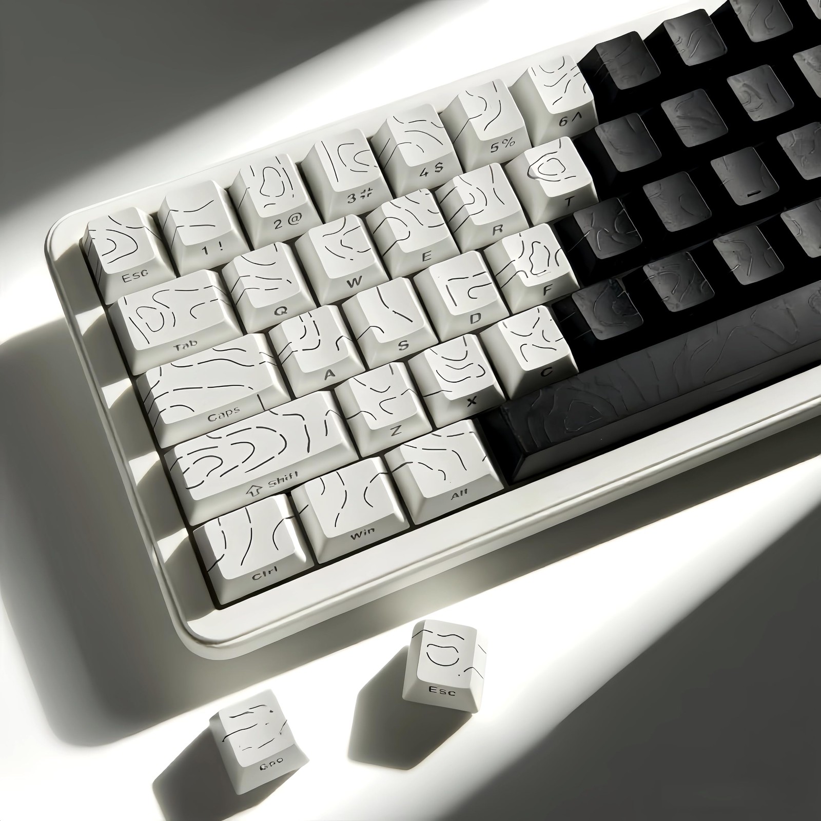 White Black Topographic PBT Double Shot Keycaps Shine Through Backlit