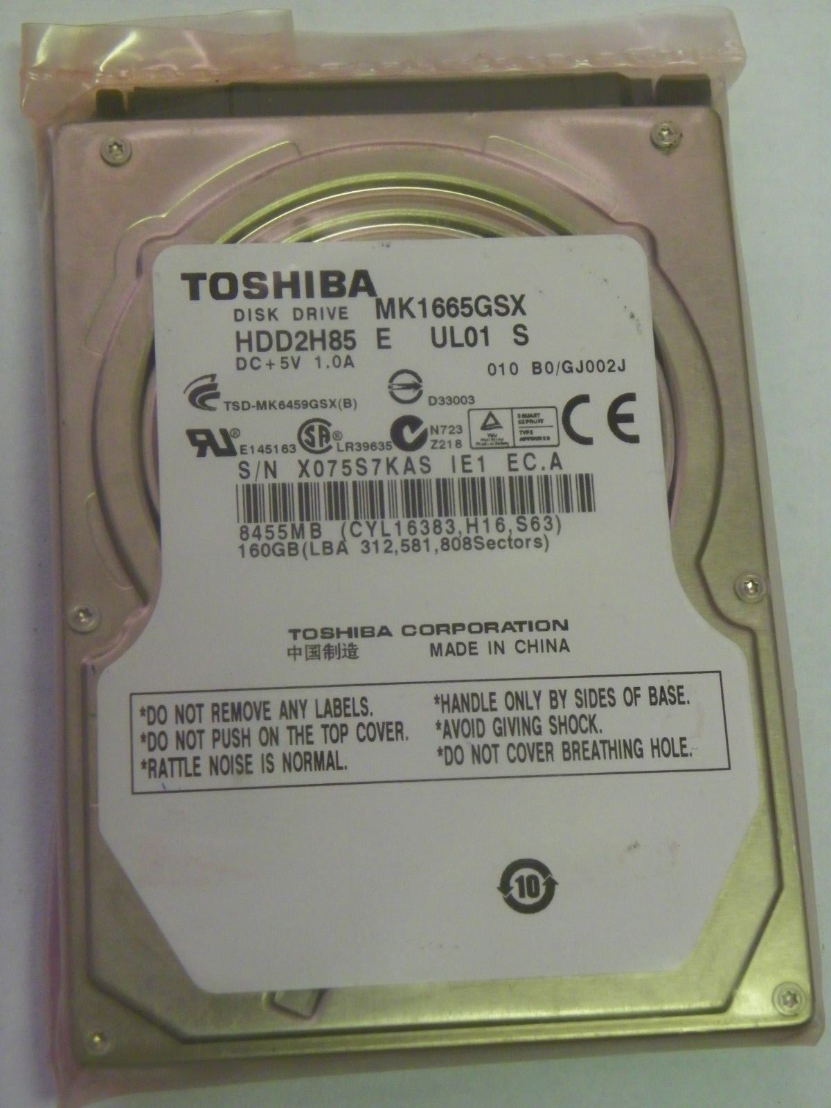Toshiba MK1665GSX (HDD2H85  E UL01 S)  010 B0/GJ002J 160GB 2.5" SATA Hard Drive