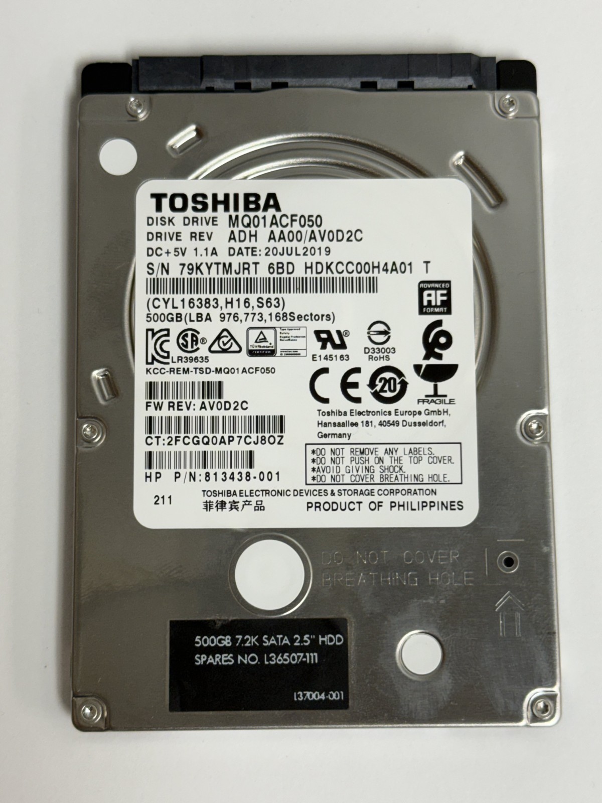 Toshiba HP 500GB Internal 7200 RPM 2.5 in MQ01ACF050 Hard Drive 813438-001