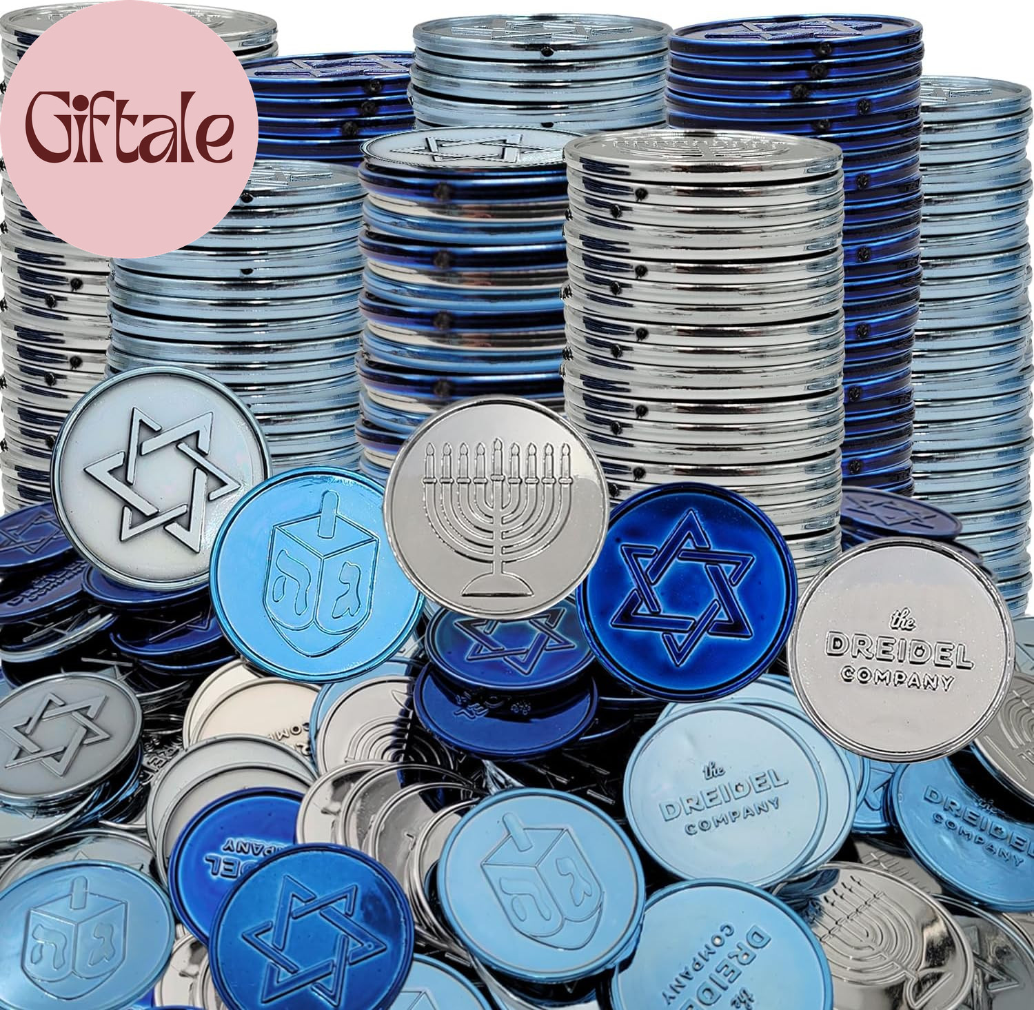 50 Hanukkah Play Gelt Coins Blue and Silver Mettalic Menorah Dreidel and Star of