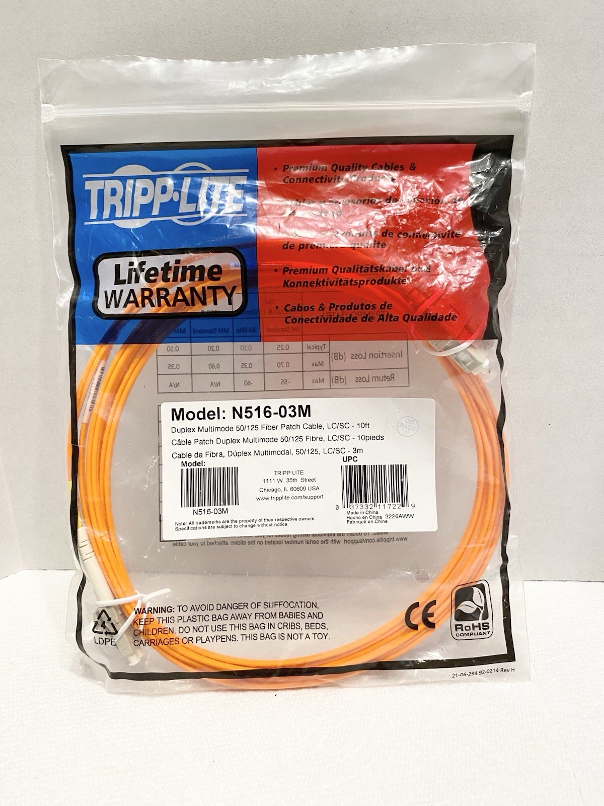 TRIPP LITE N516-03M | Fiber Optic Cable | Duplex Multimode 50/125 | LC/SC 10ft