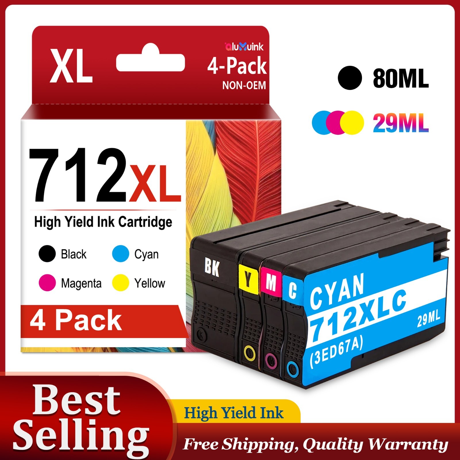 712XL 4-Pack Ink (80ml Black, 29ml Color) for HP DesignJet T630 T210 T230 T250