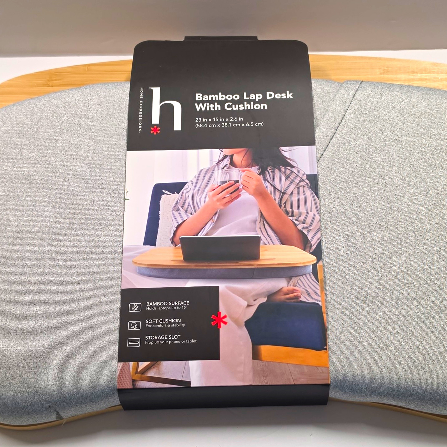 h home expressions Bamboo Lap Desk w/ Padded Cushion, Gray/Beige, 16 in