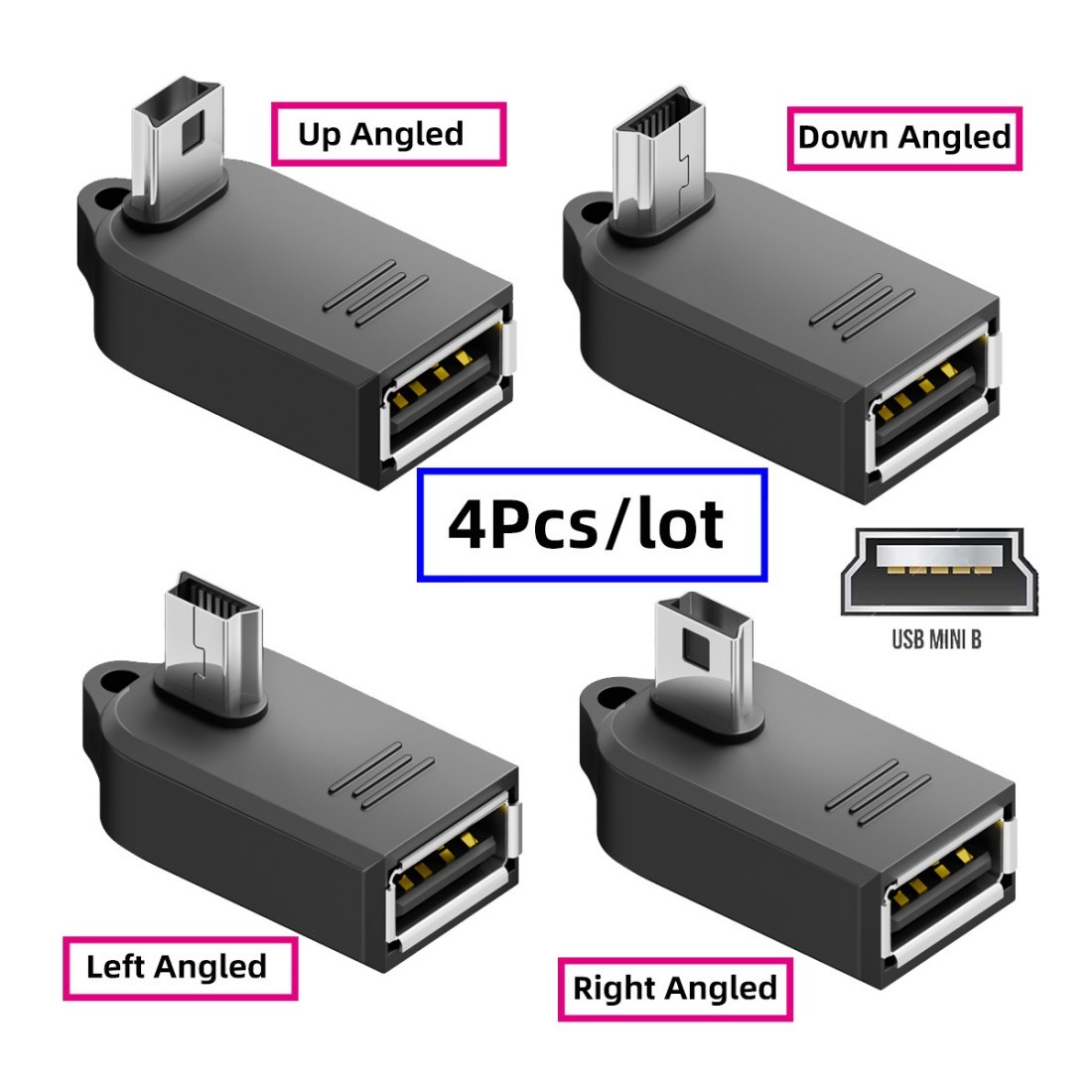 4 Pack Mini/Micro USB Male to USB 2.0 Female 90 Degree Angled On-The-Go Adapter