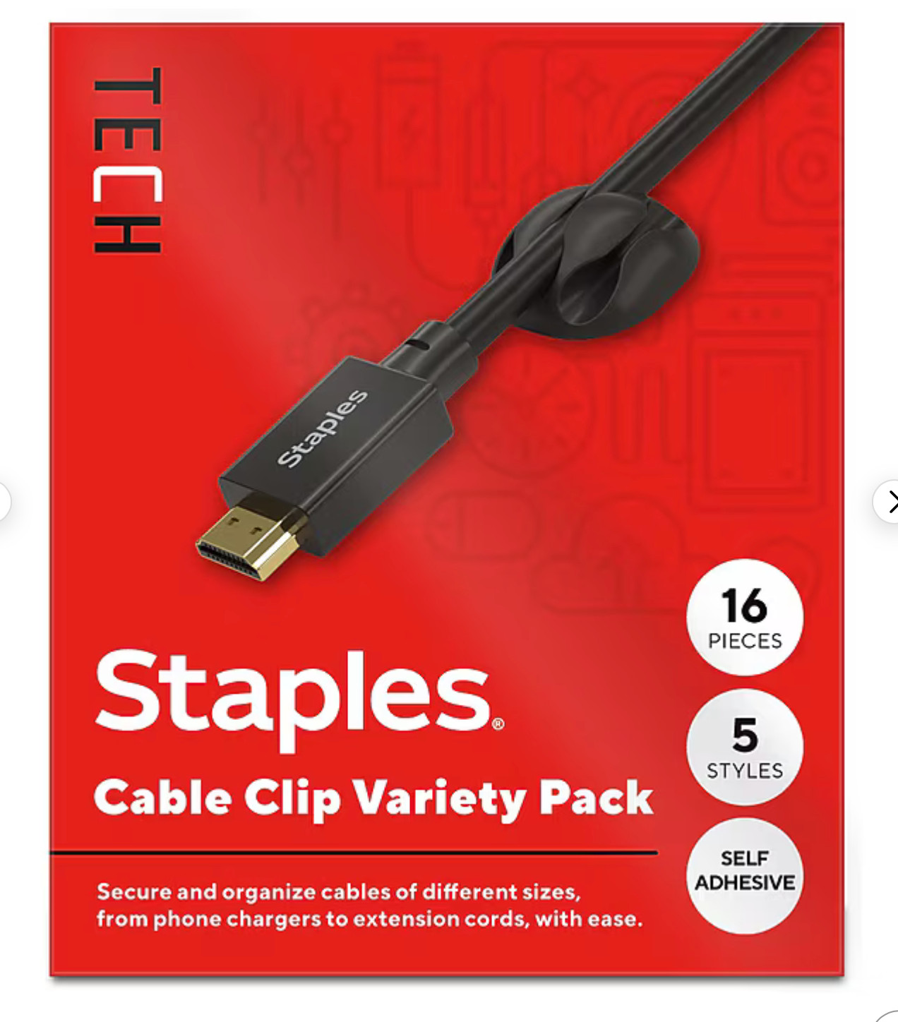 Staples TECH Cable Clips, Black, 16-Pack, Cord Organizer for Desk