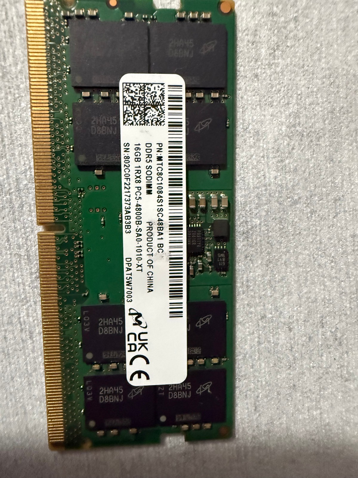 16GB Micron SODIMM DDR5-4800MHz RAM | 1Rx8 PC5-4800B-SA0-1010-XT