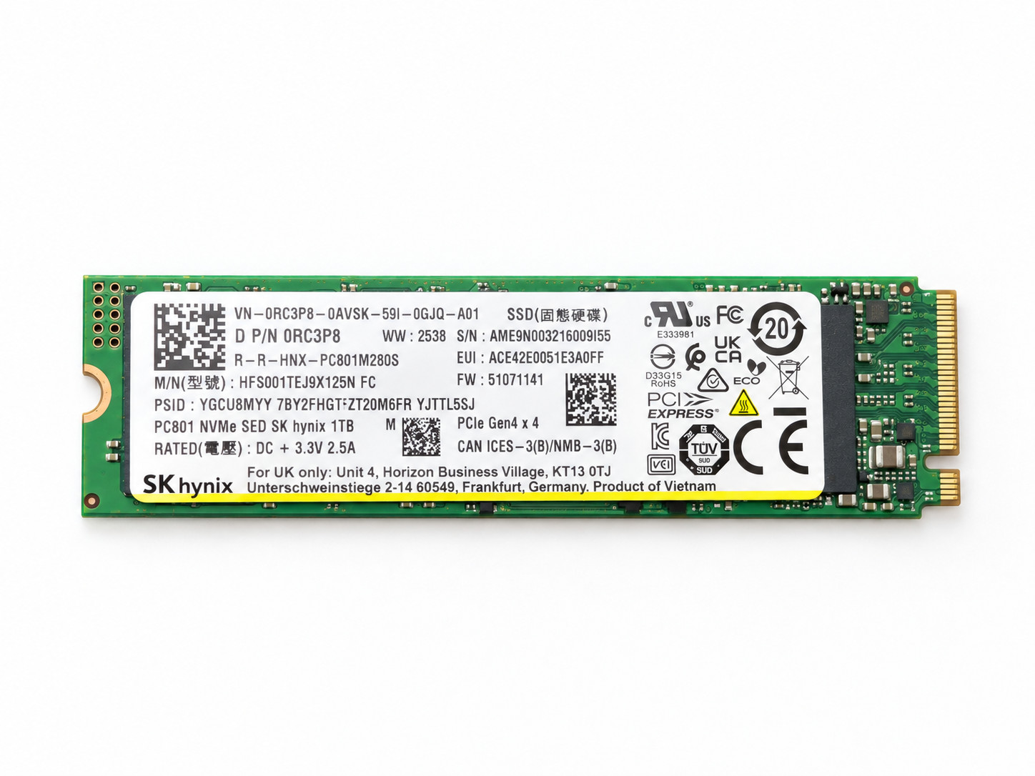 SK Hynix 1TB SSD 7,000 MB/s PCIe 4.0 Gen4 PC801 HFS001TEJ9X125N✓LOW USE✓WARRANTY