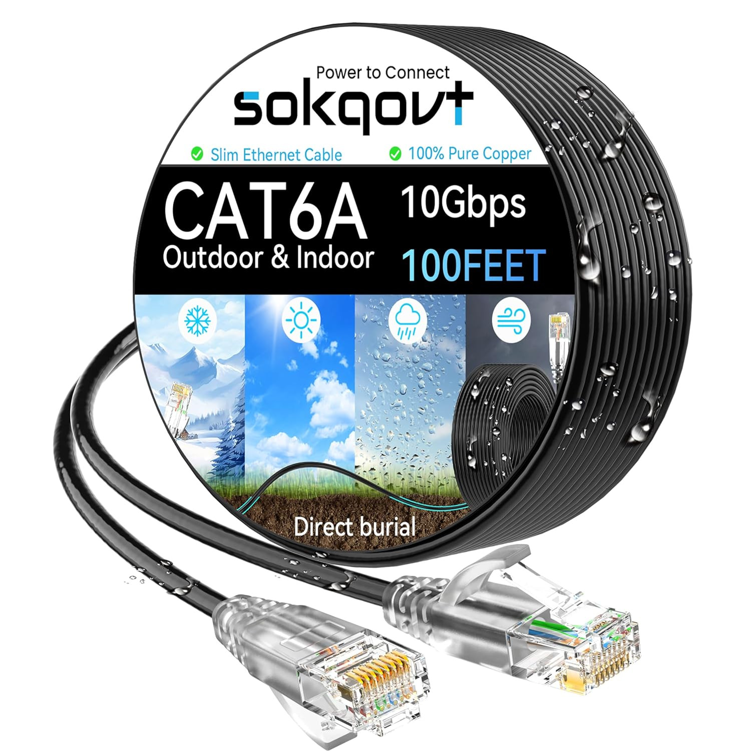 Cat6A Ethernet Cable Slim 100Ft Outdoor&Indoor, 28AWG Pure Copper Cat6 Internet