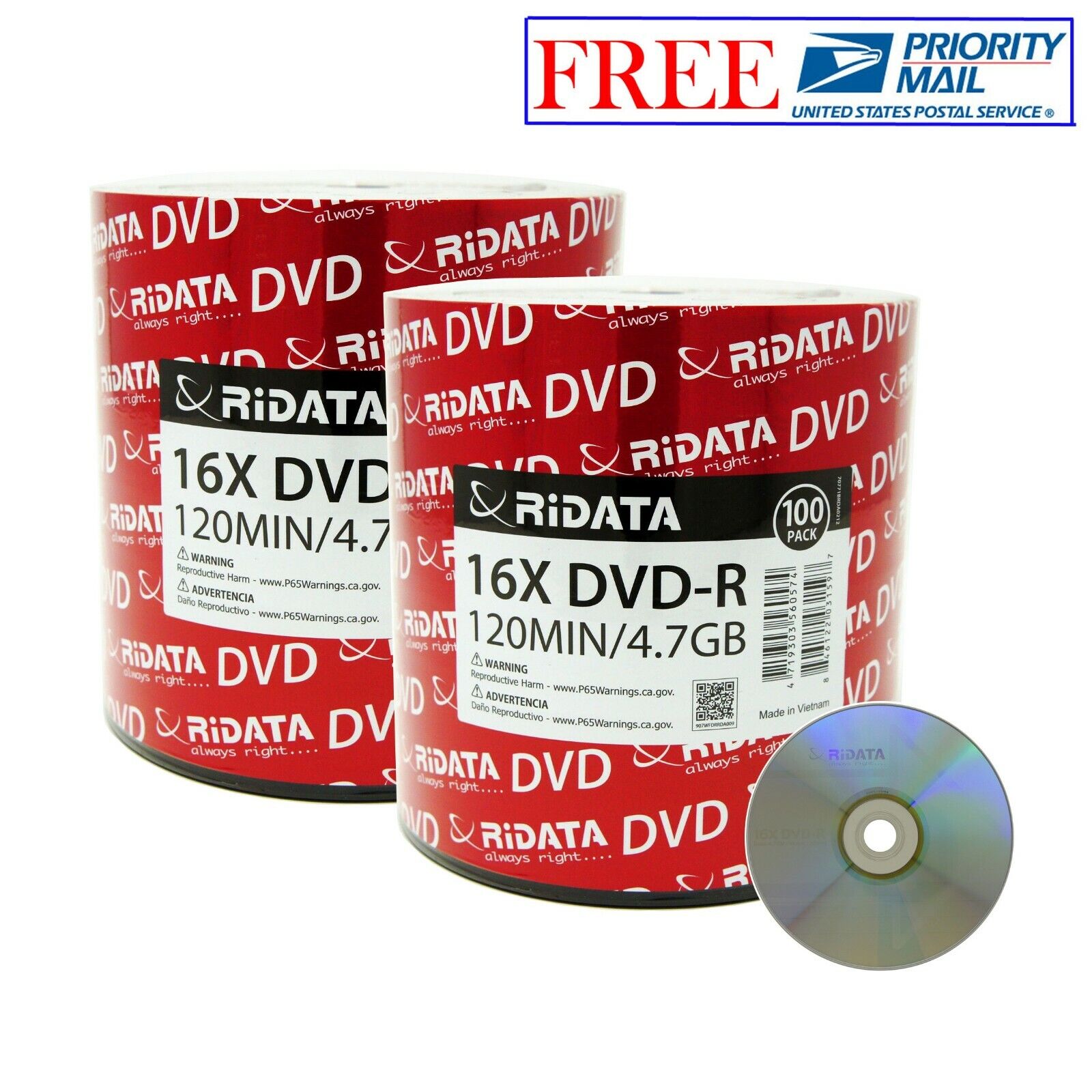 200 Pack Ridata DVD-R 16X 4.7GB 120 Min Silver Logo Top Blank Recordable Disc