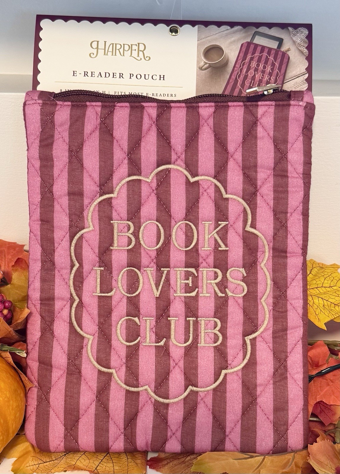 E Reader Sleeve Harper Book Lovers Club Pink Striped Quilted Embroidered NWT