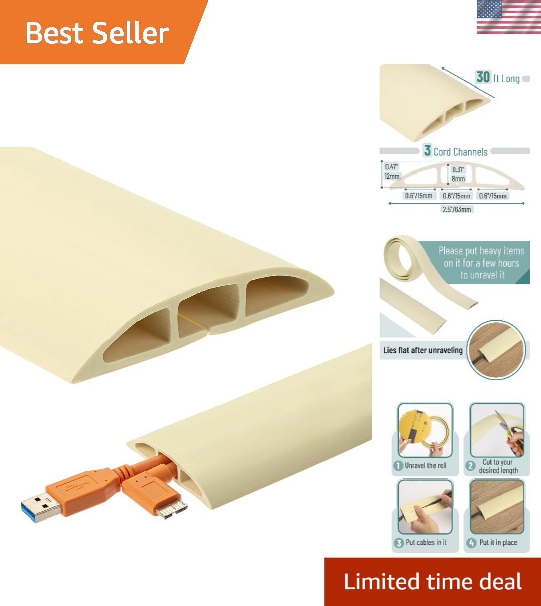 Bates 30ft Floor Cord Cover - Durable PVC Cable Protector for Safety & Style