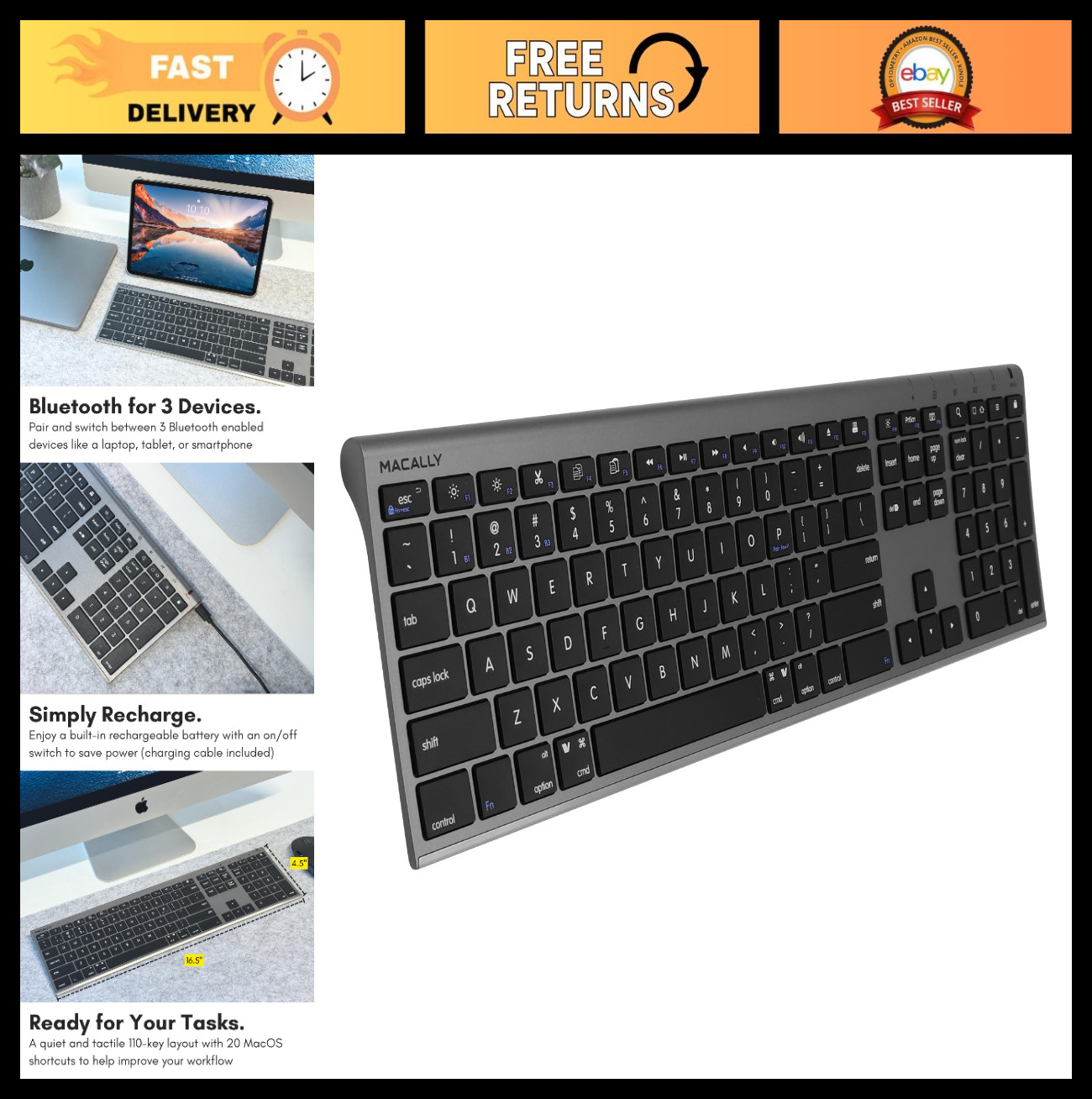 Wireless Bluetooth Keyboard for Mac & MacBook - Multi-Device, 110 Keys, Recharge