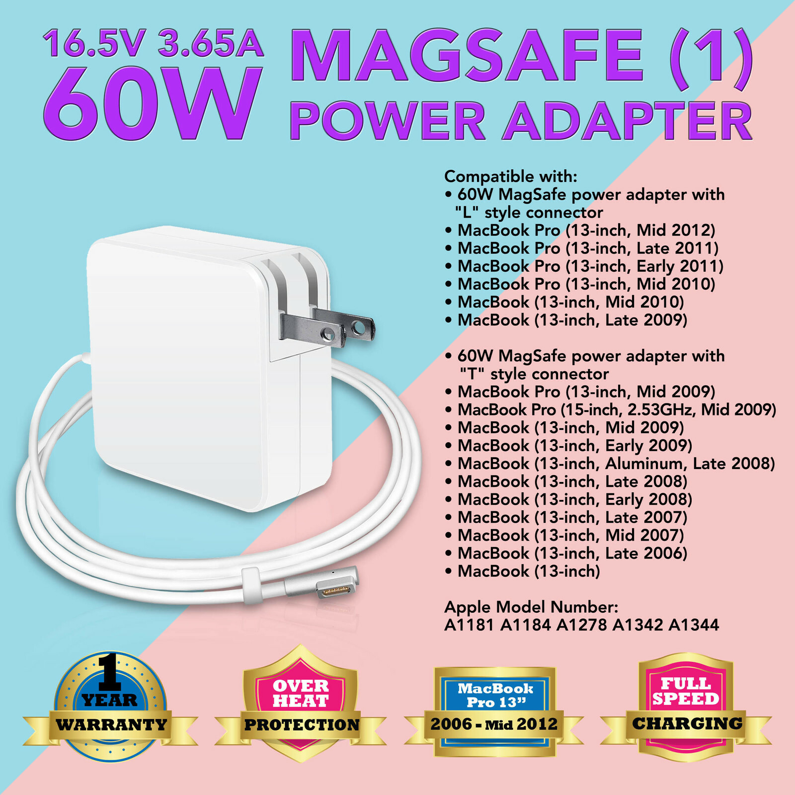 60W L-tip Power Supply Charger Cord for Apple MAC MacBook A1181 A1330 MB061LL