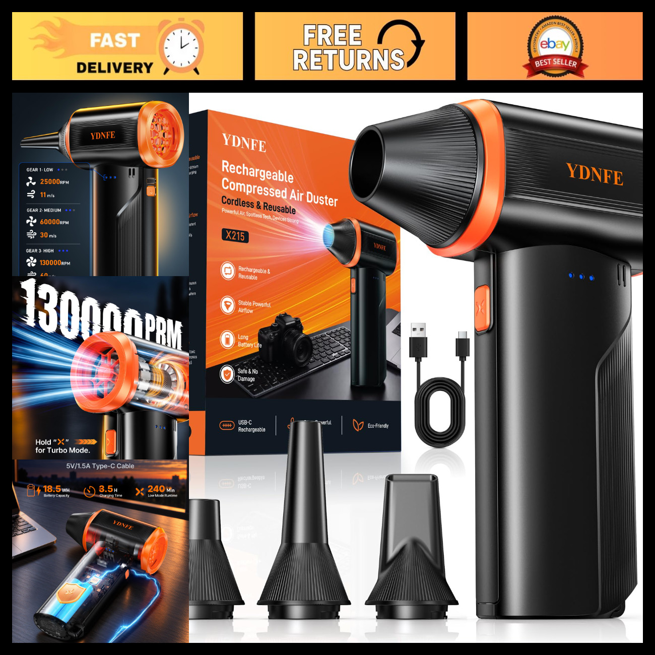 High-Power Compressed Air Duster 280,000 RPM - Rechargeable Electric Blower