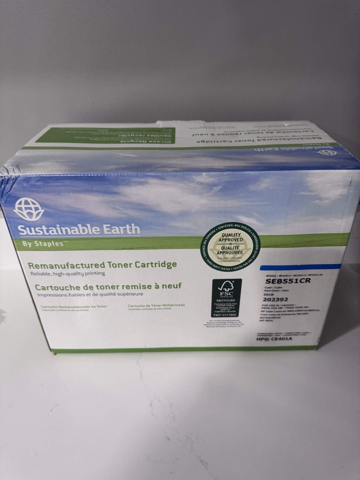 New Sealed Staples Sustainable Earth SEB551CR  Toner Cyan HP CE401A