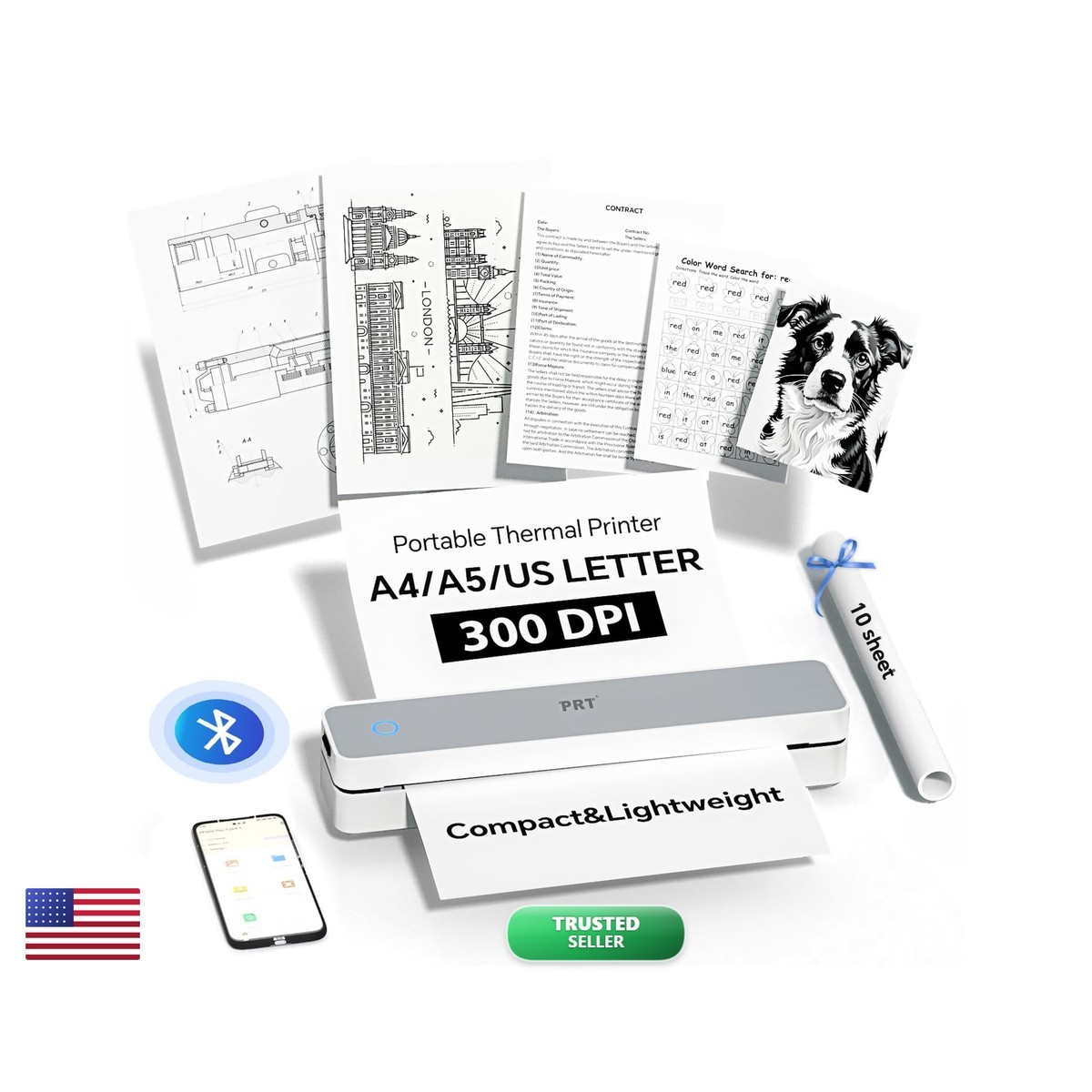 PRT Portable Thermal Printer 8.5 x 11, Inkless Wireless Travel Printer PRT