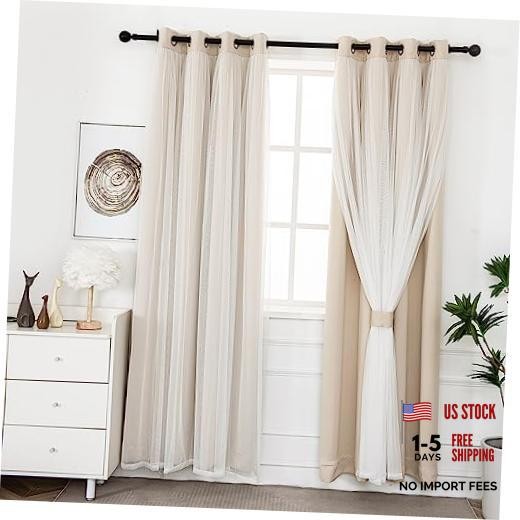 Blackout Curtains with Sheer Overlay, 52x84 52"W x 84"L (Pack of 2) Beige
