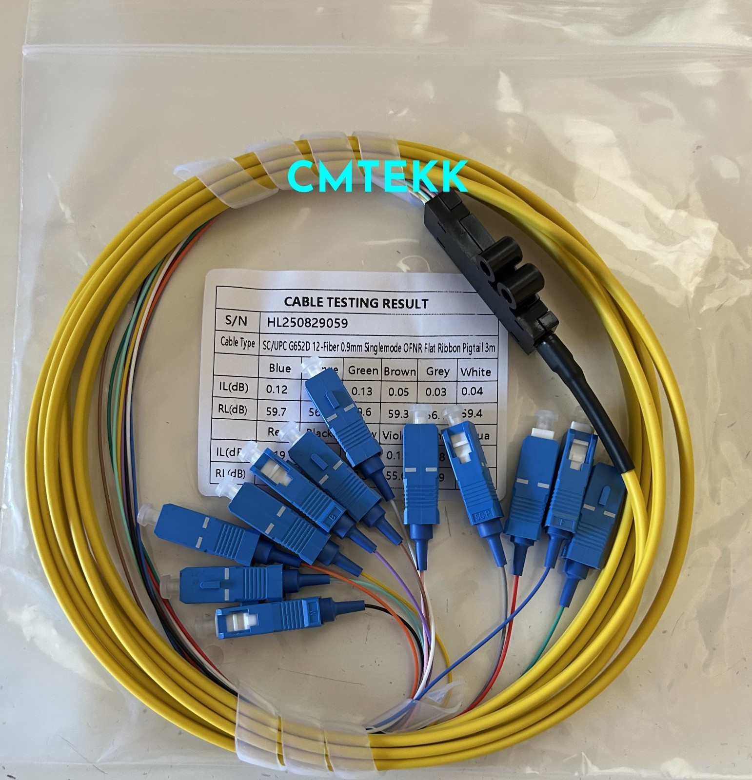 3m 12 Fiber SC/UPC Pigtail Fiber Optic OFNR Singlemode 0.9mm Flat Ribbon Cable