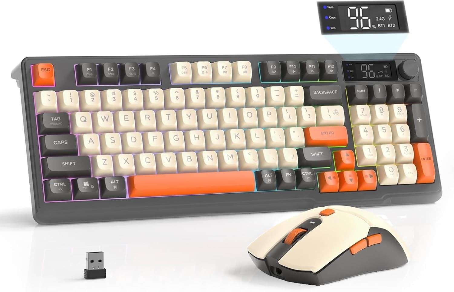 FREEWOLF T96 Wireless Dual-mode Keyboard and Mouse Combo, Media Knob, Display