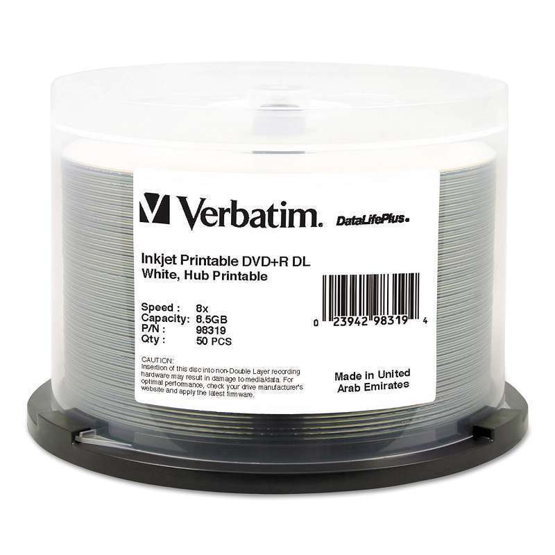 50 VERBATIM DVD+R DL 8.5GB 8X DataLifePlus White Inkjet Hub Printable 98319