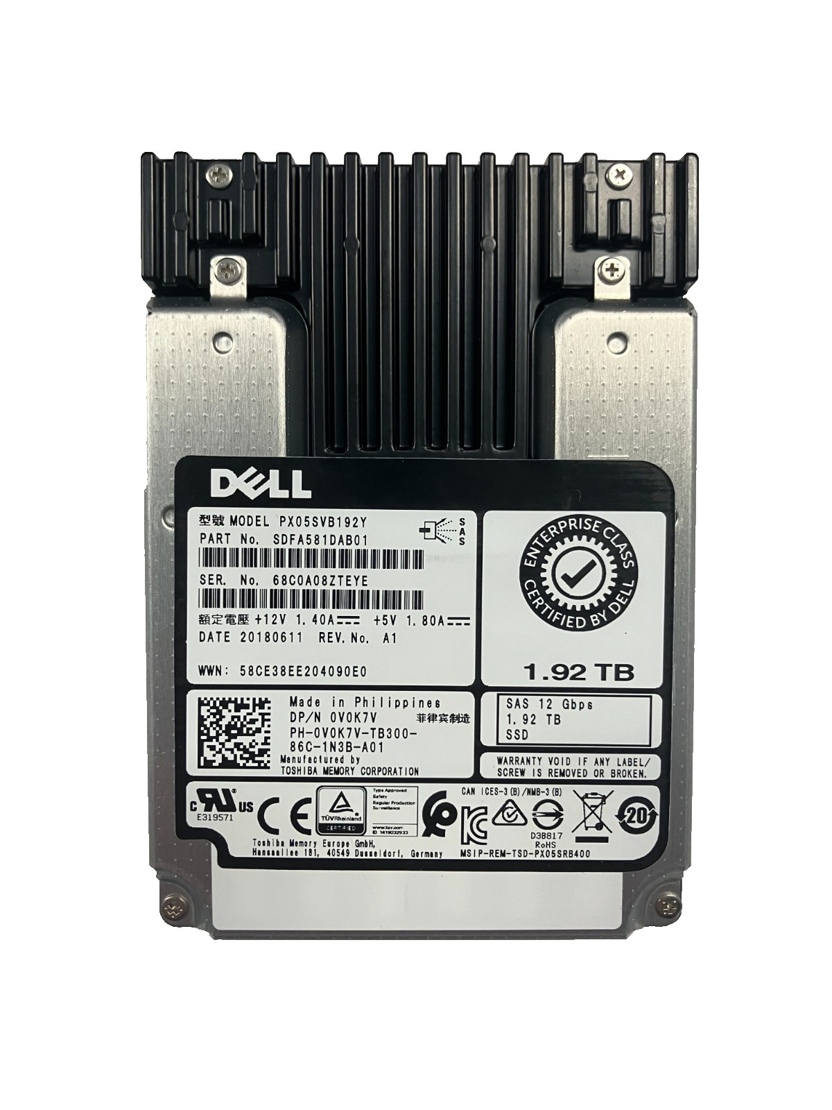DELL PX05SVB192Y SSD 1.92TB SAS 12Gb/s 2.5" 0V0K7V 512 b/s 70-79% Health