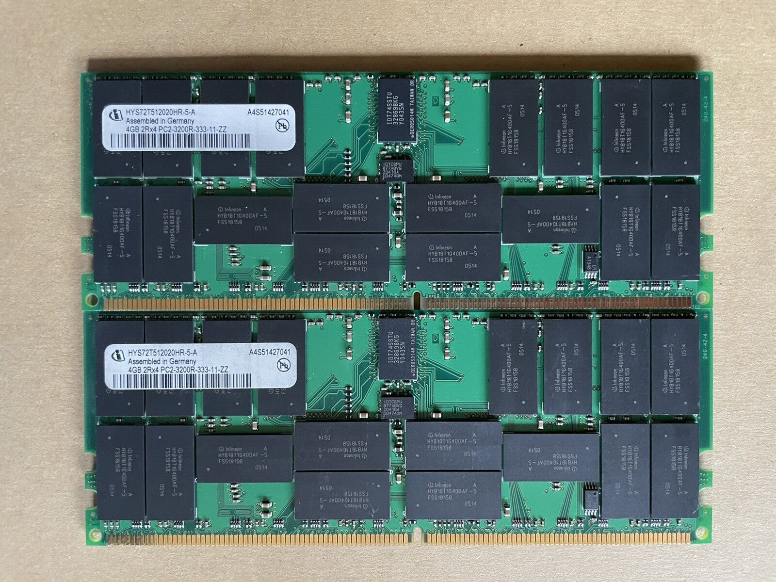 2x INFINEON HYS72T512020HR-5-A PC2-3200R DDR2 400 4GB 2Rx4 ECC REG SERVER MEMORY
