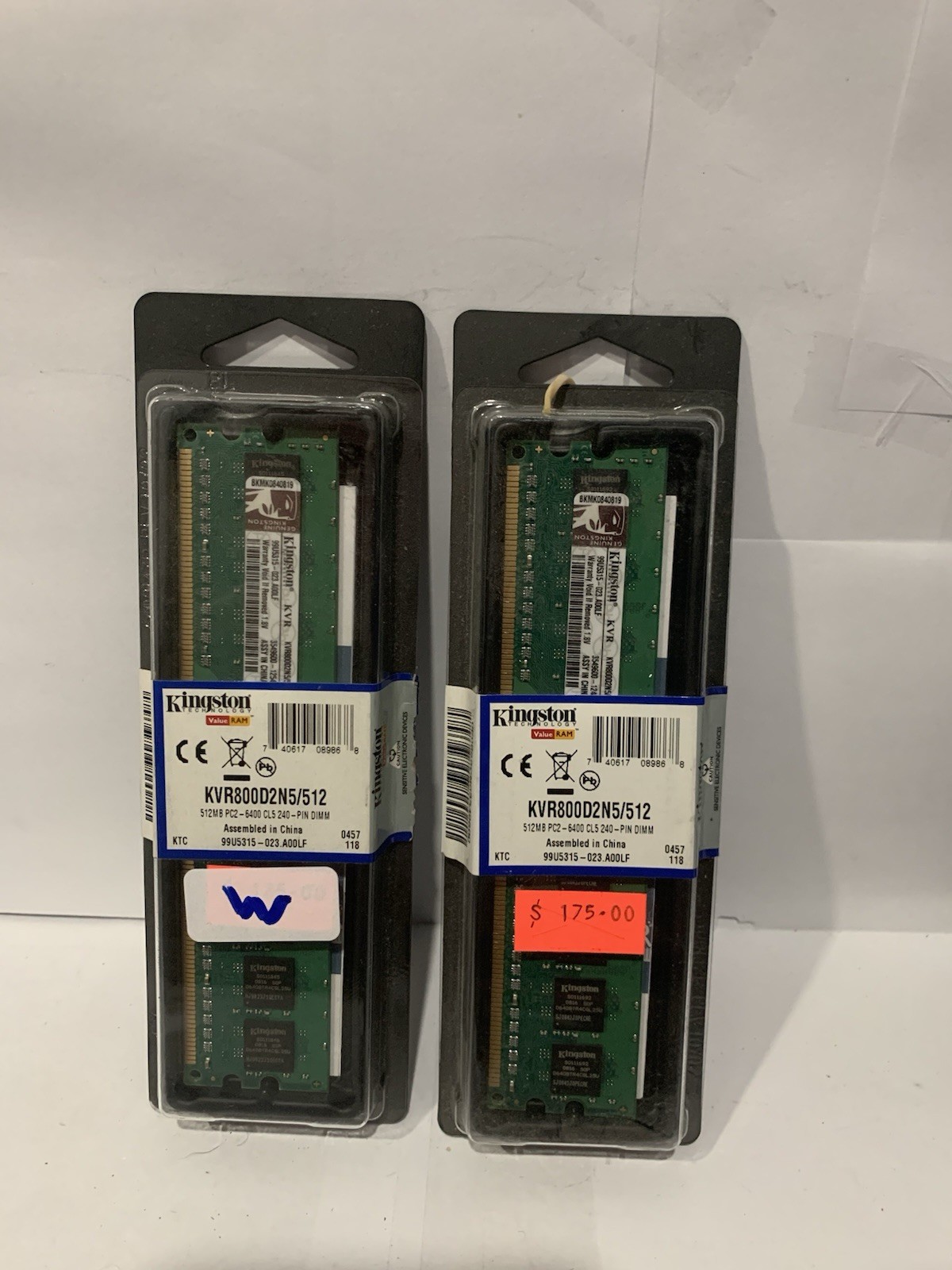 Kingston RAM 512MB DDR2 PC2-6400 240-Pin DIMM CL5 KVR800D2N5/512 (LOT OF 2)