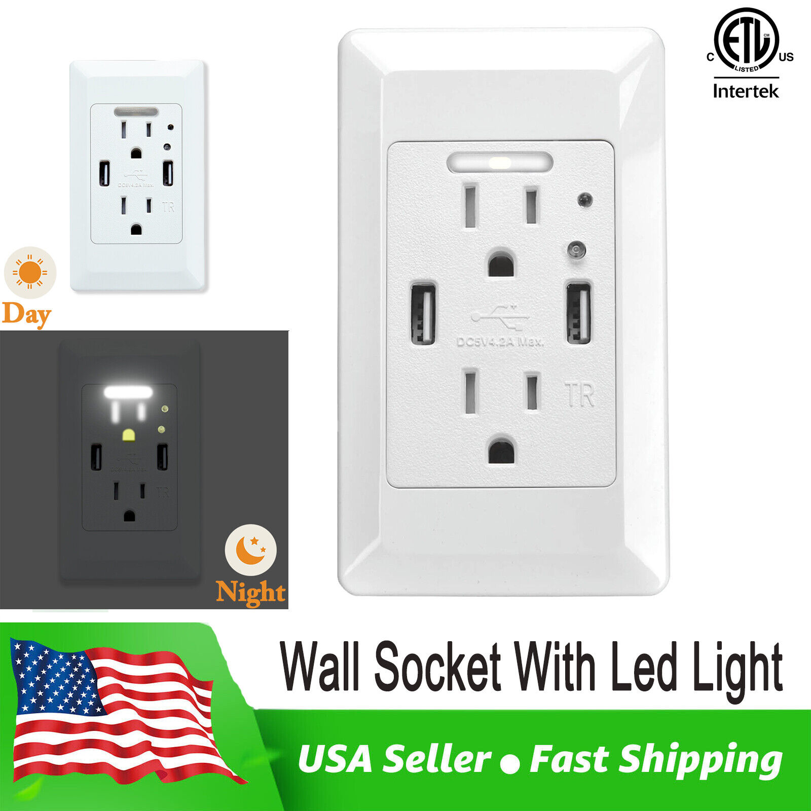 White Ultra Speed 4.2A Dual USB Outlet Charger Receptacle With Auto Nightlight