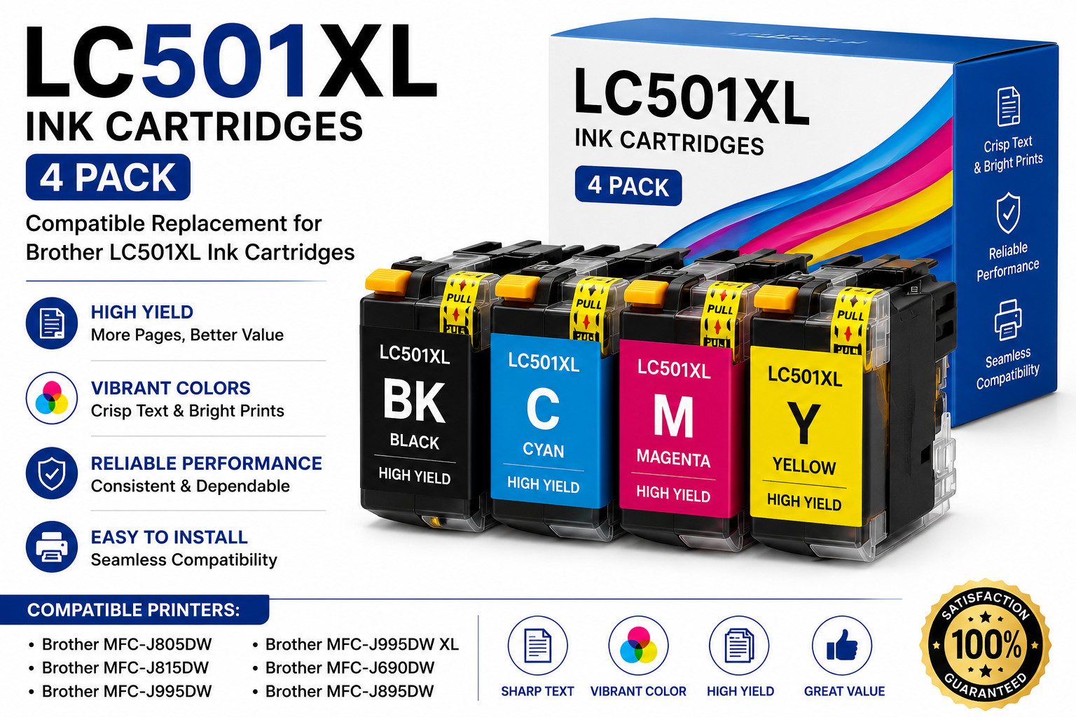 LC501XL Ink Cartridges Compatible Replacement for Brother LC501XL Printer Ink