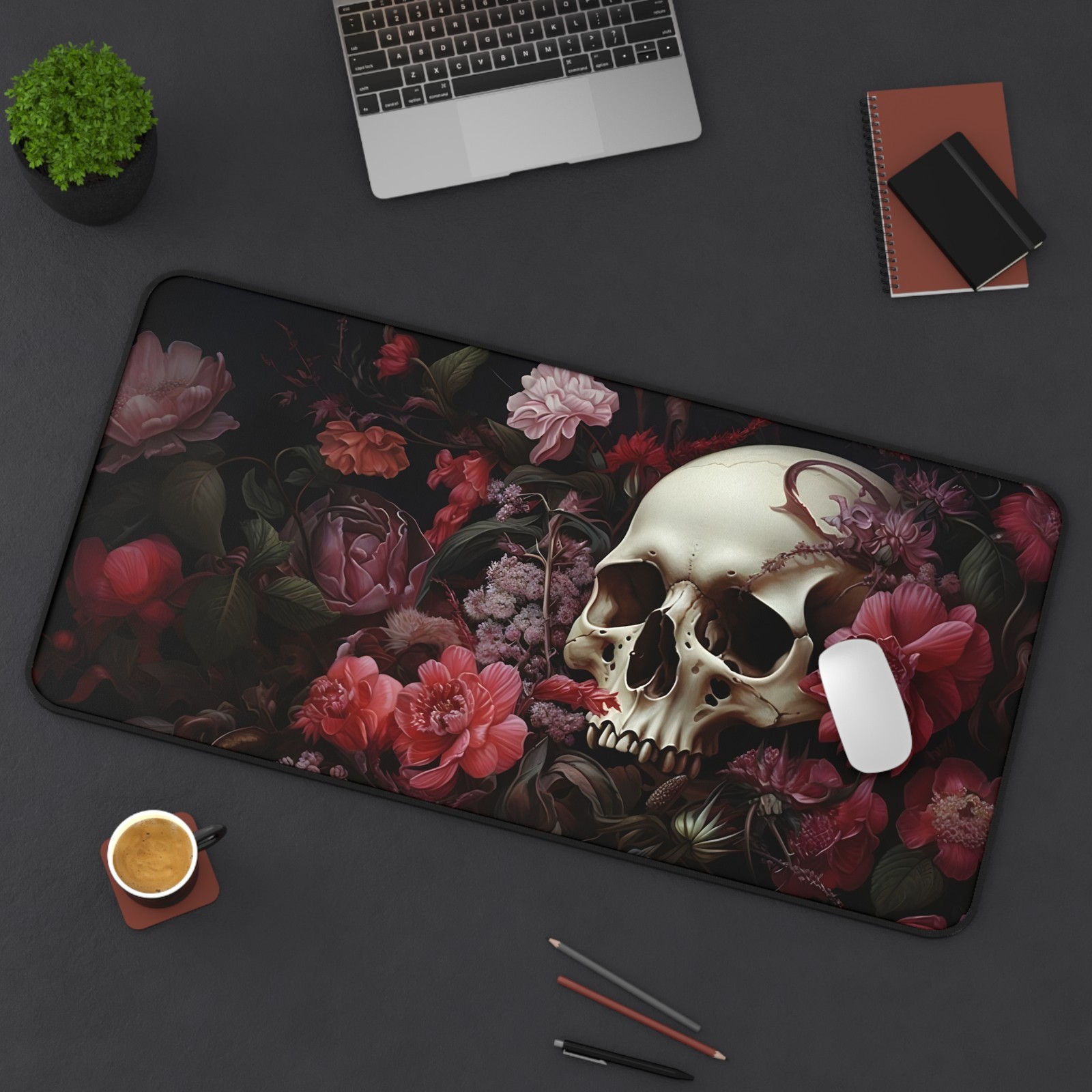 Skull and Dark Roses Desk Mat | Floral Gothic Mousepad