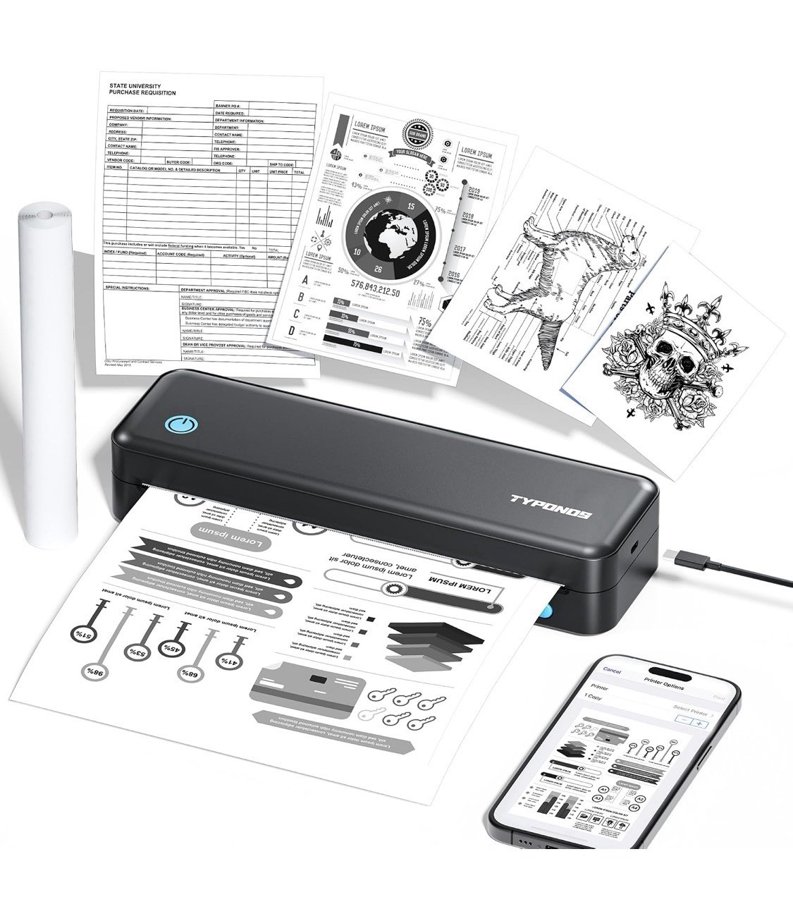 TYPONOS Portable Printer Wireless for Travel, D820 Thermal Inkless Printer Black